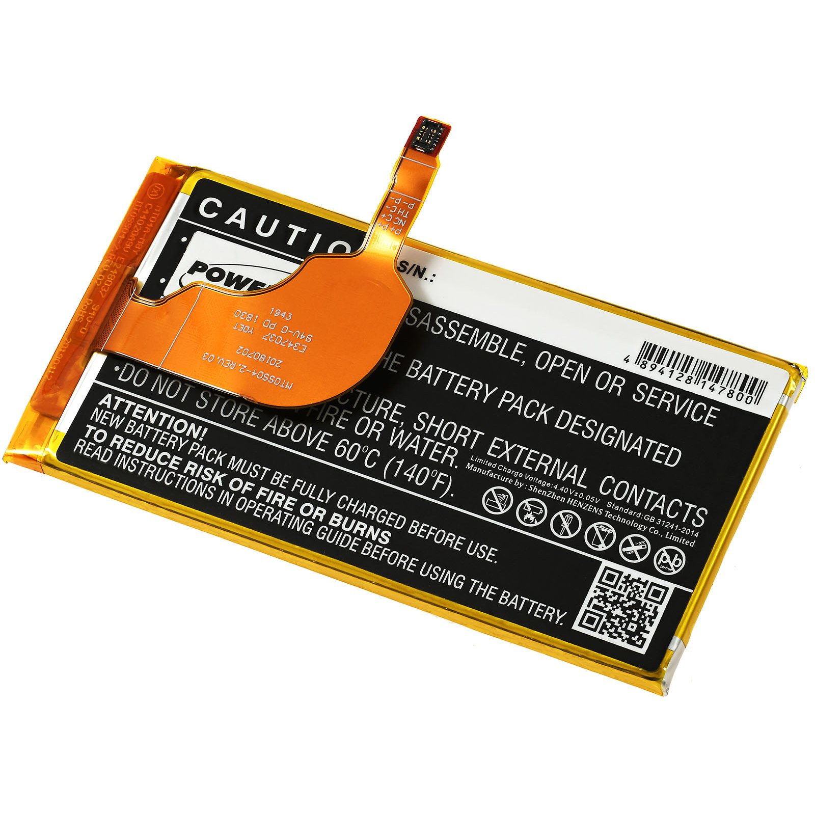 Paquete de baterías con etiquetas de advertencia, negro y amarillo, con conector y placa de circuito.