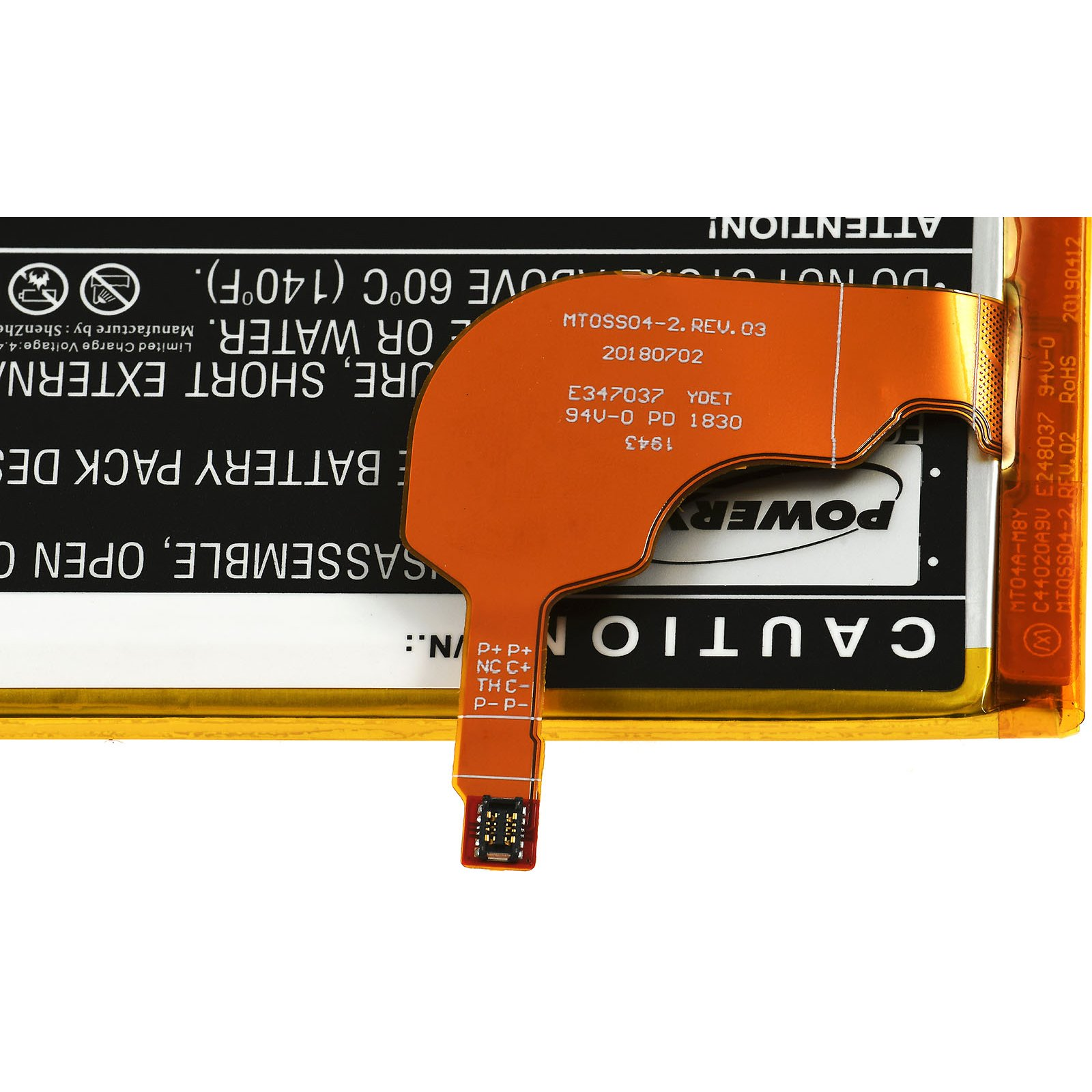 Componente de batería naranja con texto y placa de circuito adjunta. Fondo blanco.