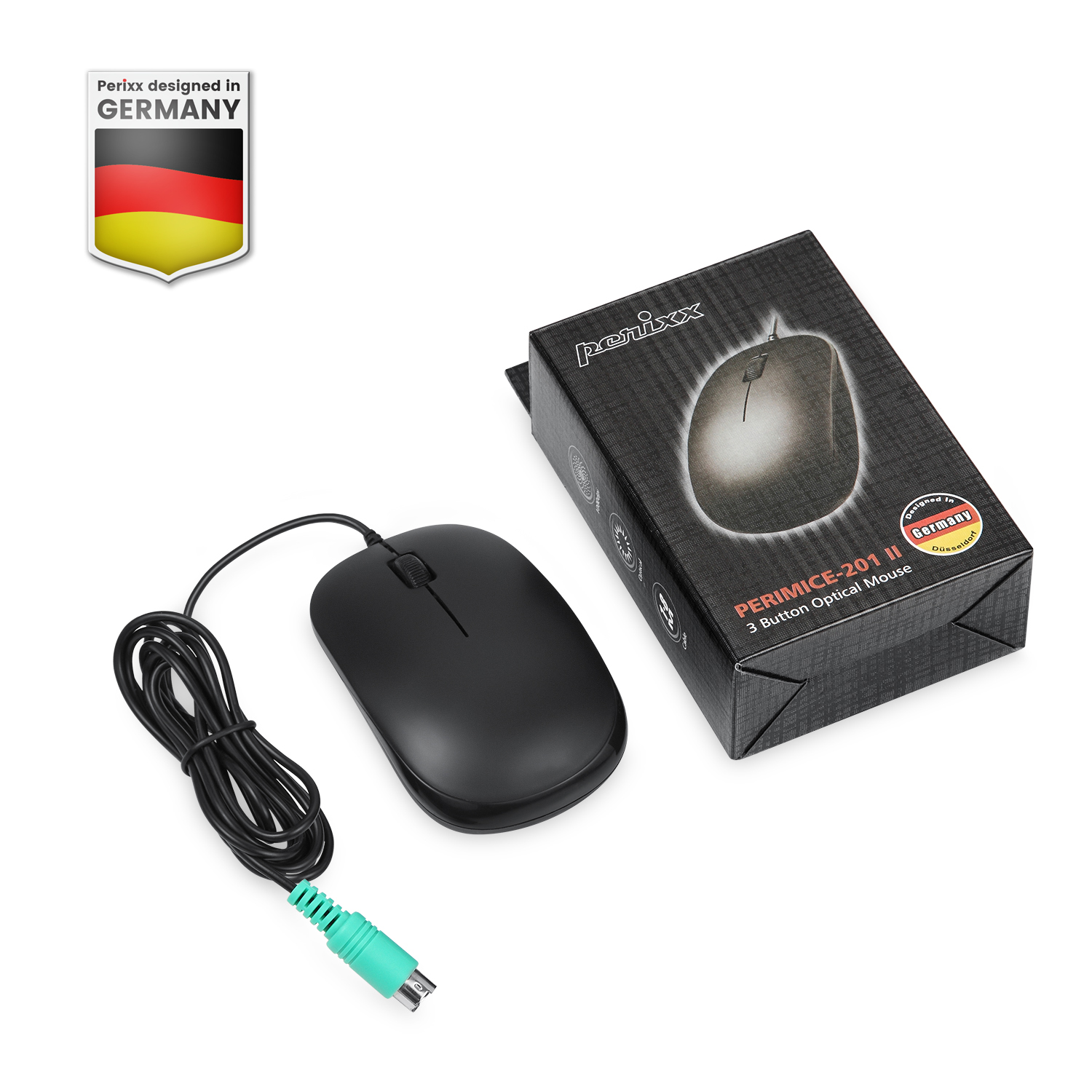 Schwarze Computermaus, Box mit Mausbild, deutsches Flaggenlogo, weißer Hintergrund.
