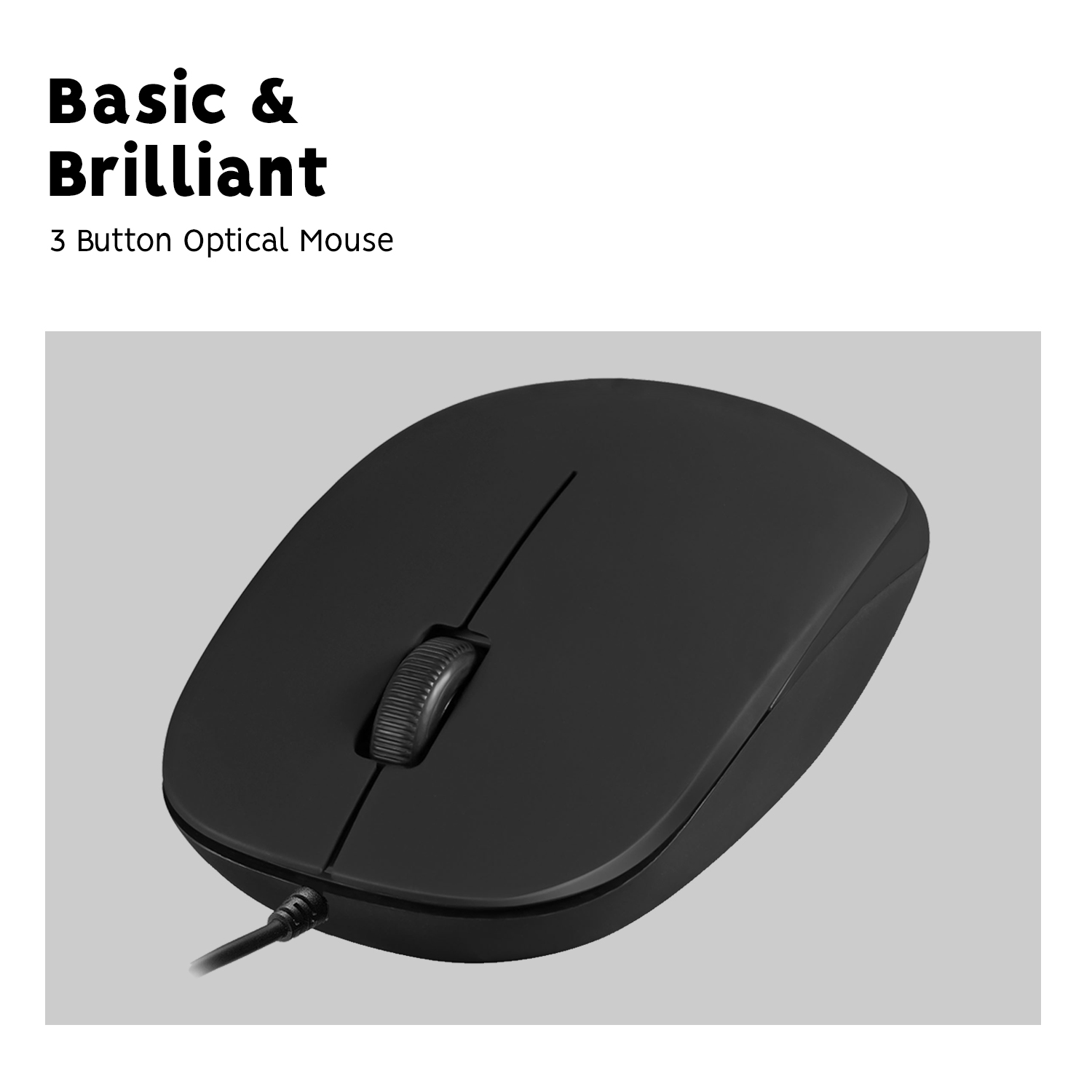 Eine schwarze optische Maus mit Scrollrad und Kabel auf grauem Hintergrund.
