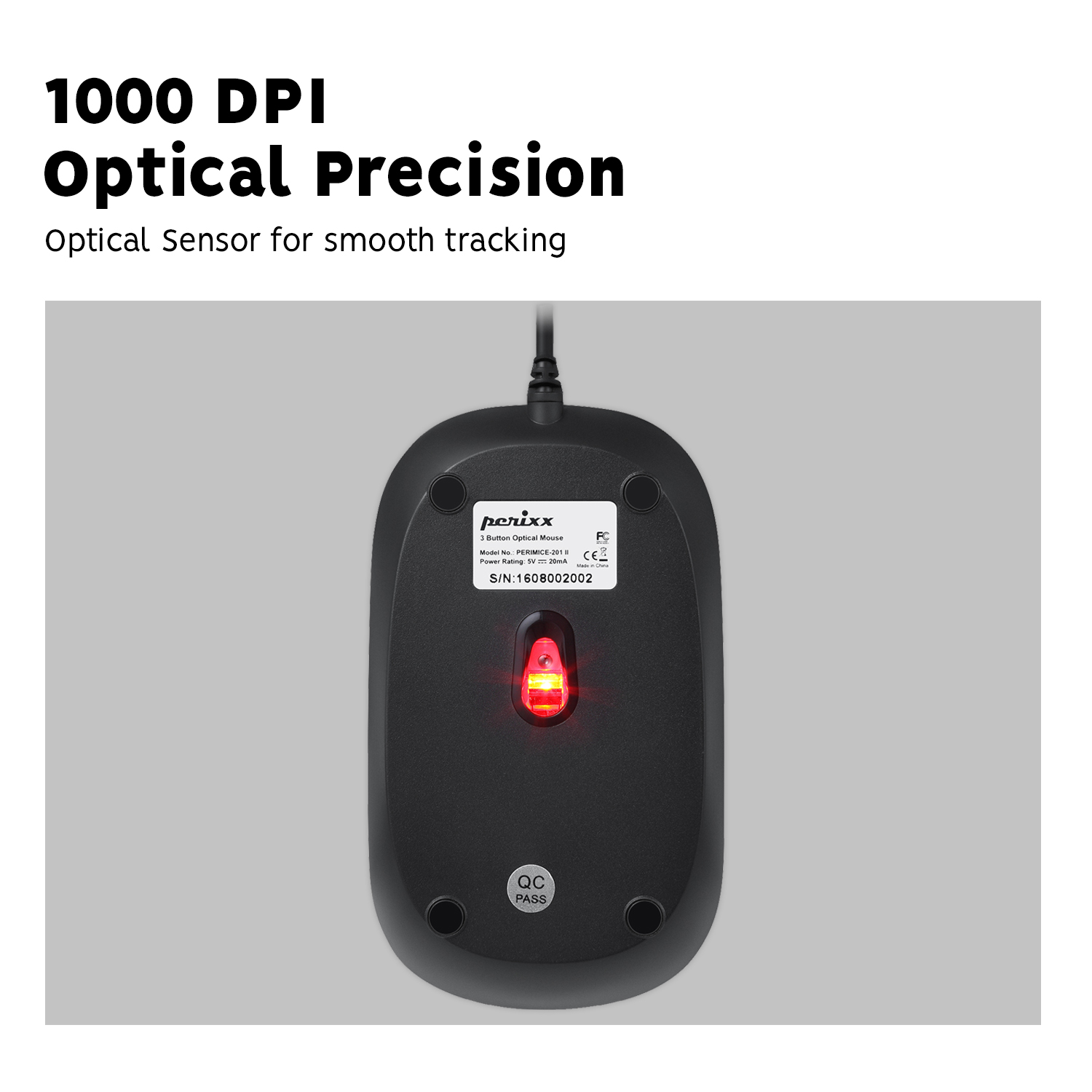 Schwarze Maus mit rotem Licht. Text sagt 1000 DPI Optische Präzision für reibungslose Verfolgung.