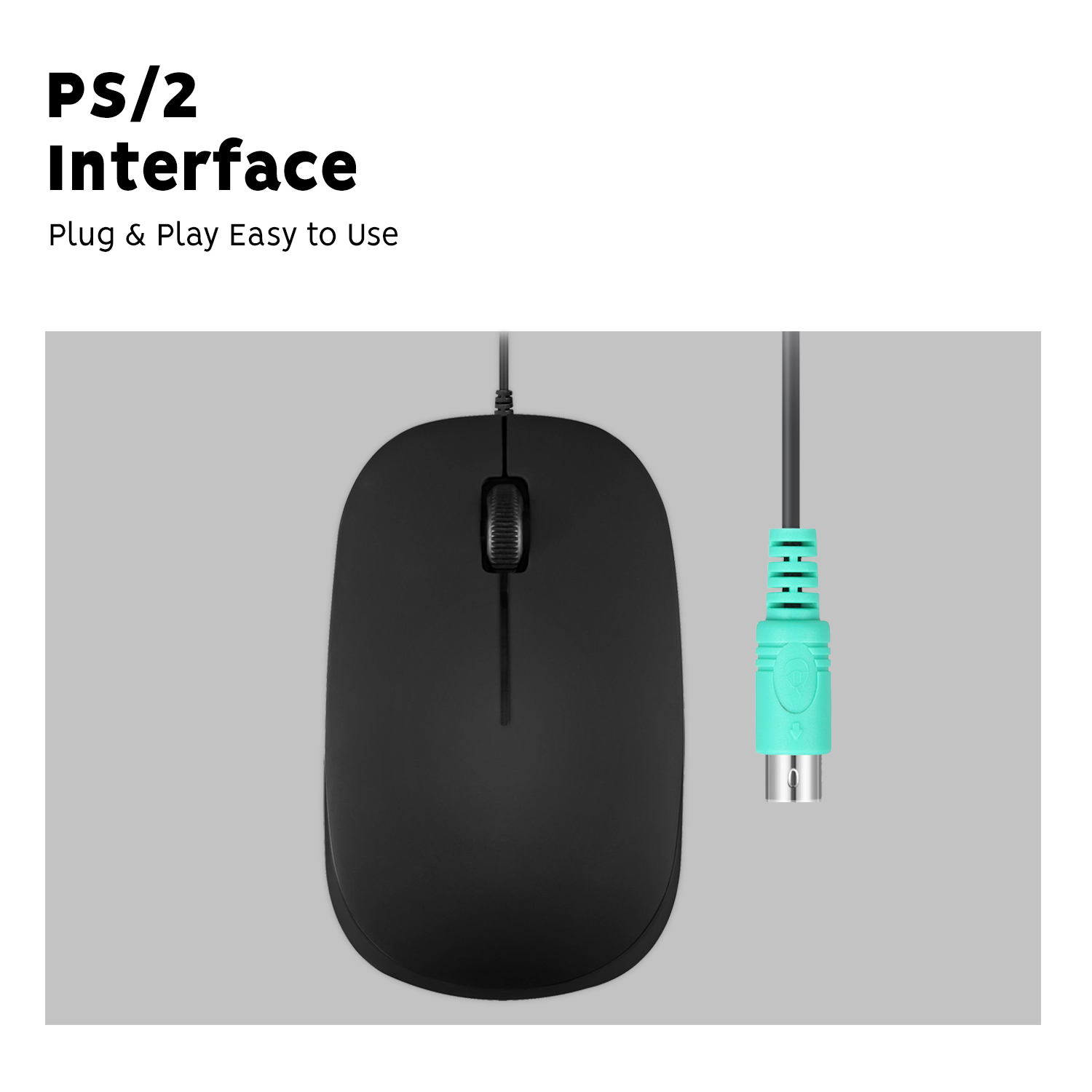 Schwarze Maus mit grünem PS/2-Anschluss. Text: PS/2-Schnittstelle. Plug & Play, einfach zu bedienen.