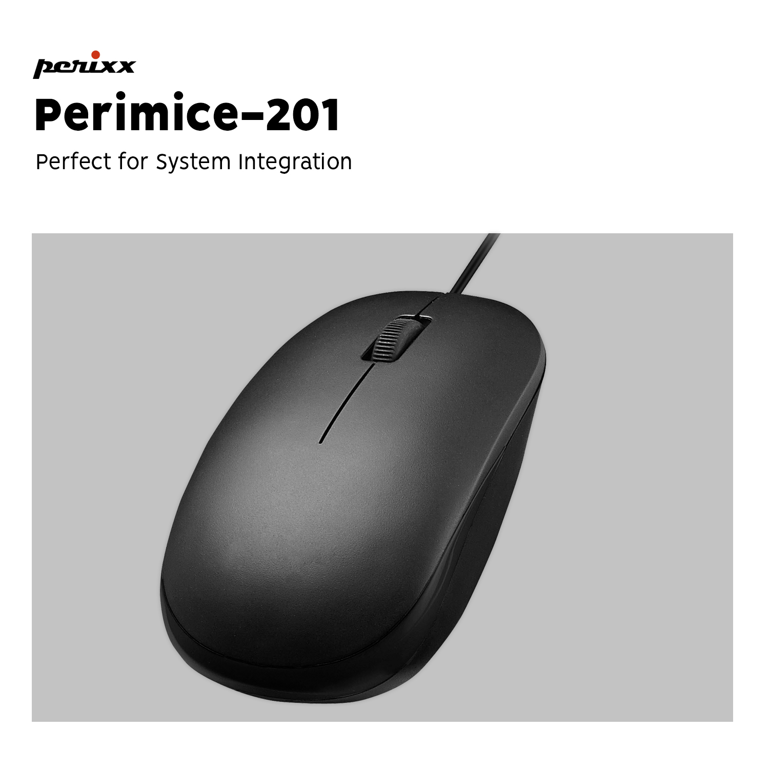 Schwarze Maus mit Scrollrad. Perimice-201 Markenname oben. Grauer Hintergrund.