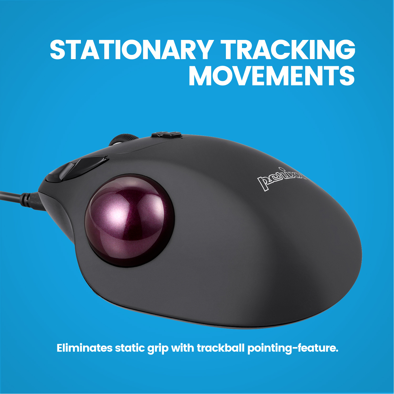 Schwarze Trackball-Maus mit lila Kugel. Auf blauem Hintergrund.