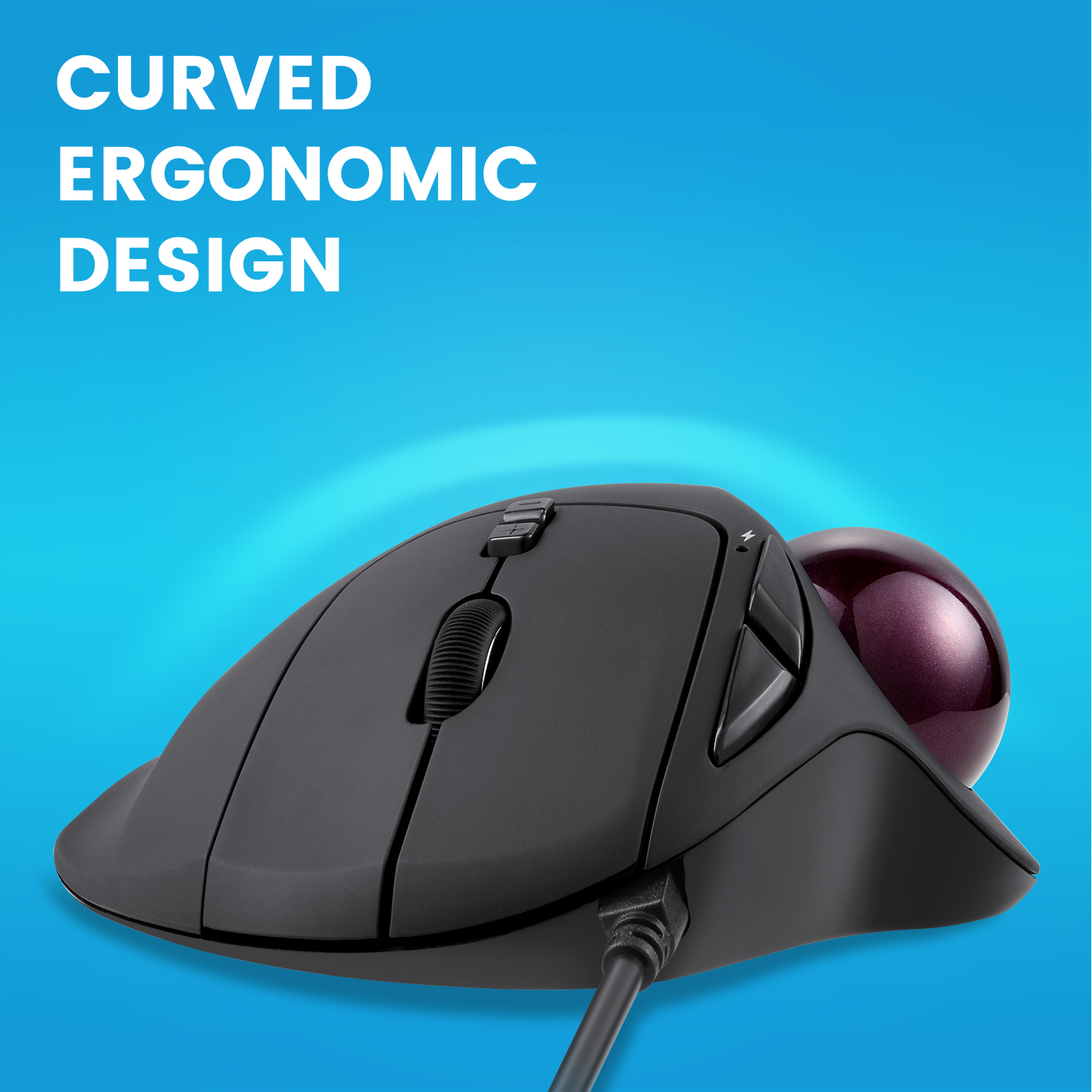 Schwarze ergonomische Maus mit Trackball. Sie hat ein geschwungenes Design und einen lila Trackball.