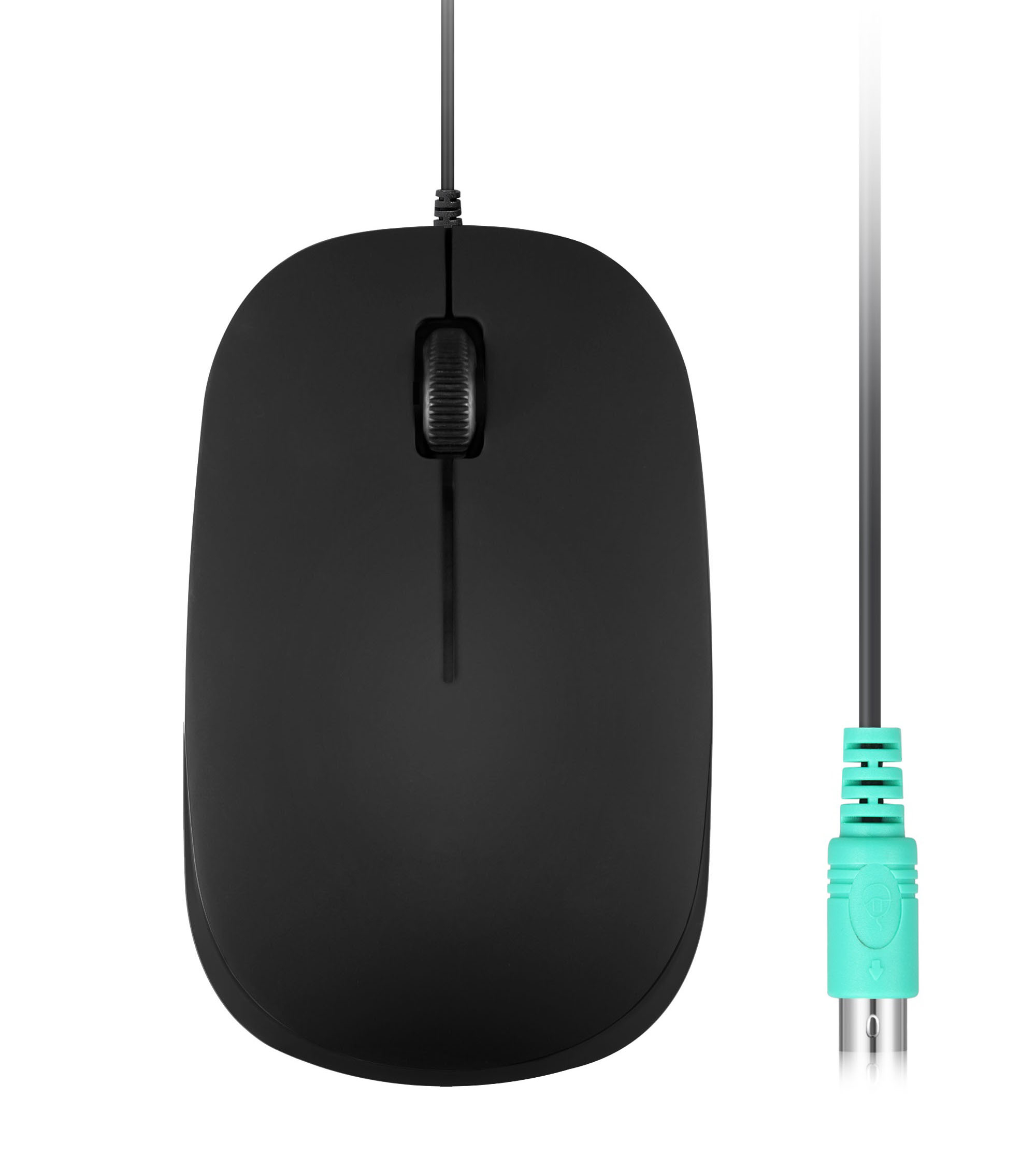 Schwarze Computermaus mit Scrollrad und grünem Kabel.