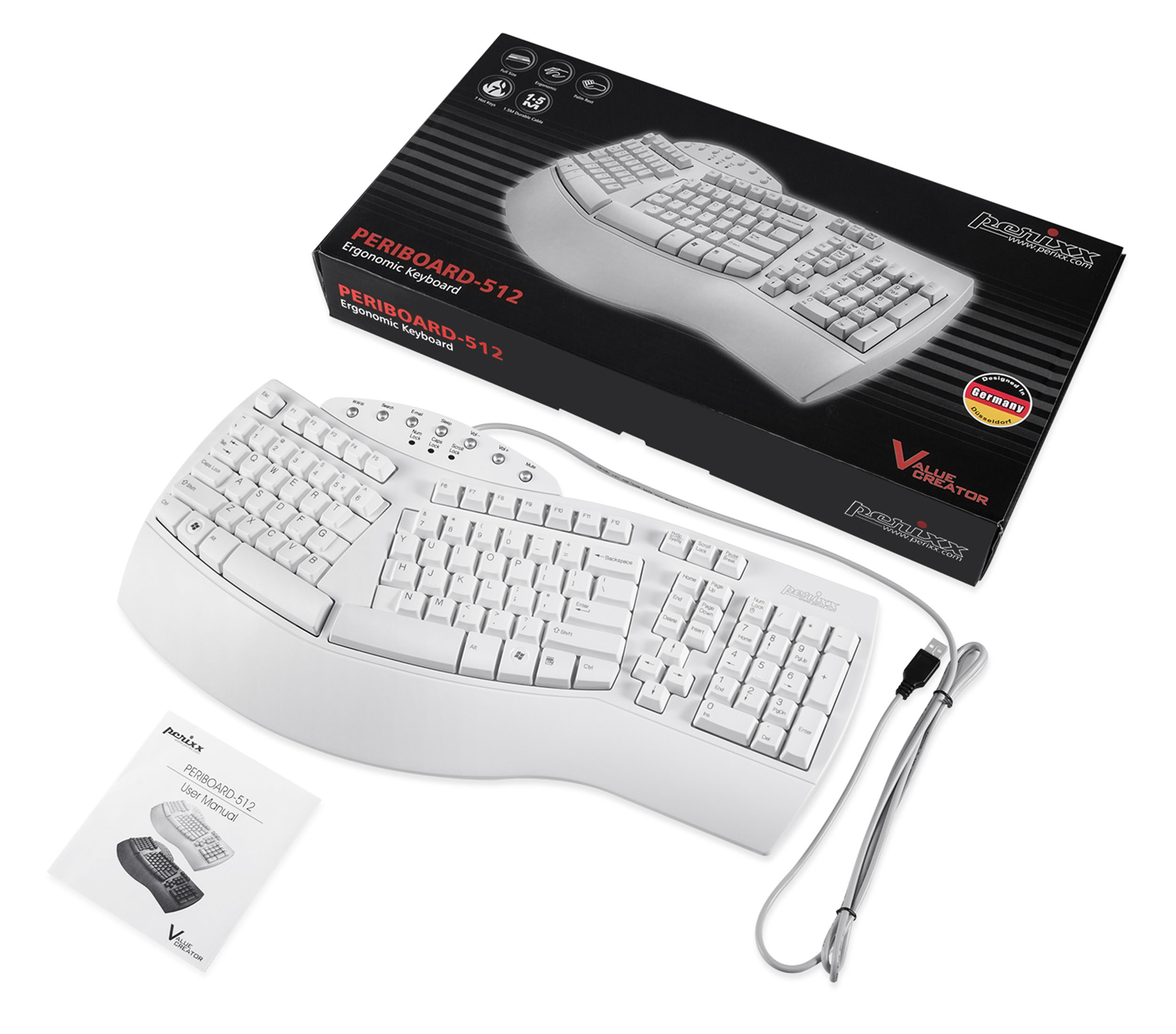 Tastiera ergonomica bianca e la sua scatola. La scatola è nera con testo bianco. Sfondo bianco.