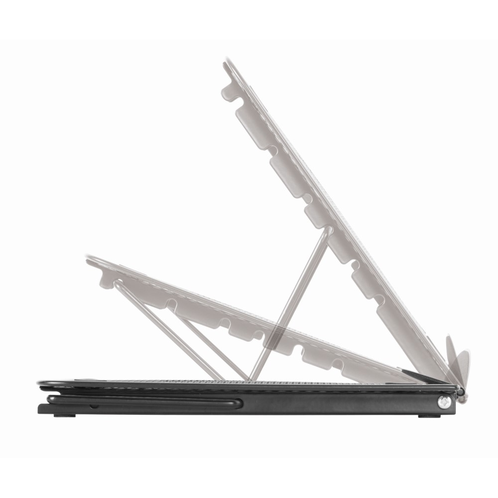 Faltbarer Laptopständer, schwarze Basis, graue Stützen. Einstellbare Winkel.