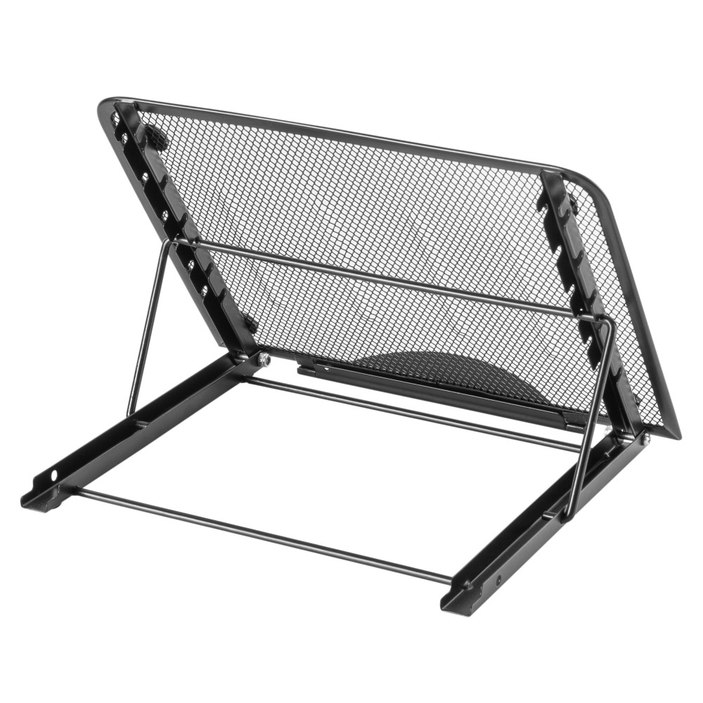 Schwarzer Laptopständer, Mesh-Oberseite, in teilweise geöffneter Position. Von Metallbeinen getragen.
