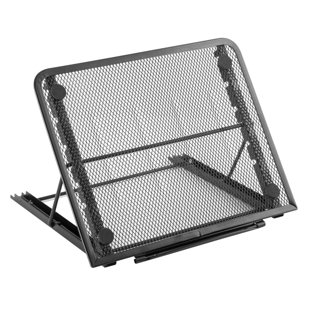 Schwarzer Laptopständer mit Mesh, verstellbar und abgewinkelt, auf weißem Grund.