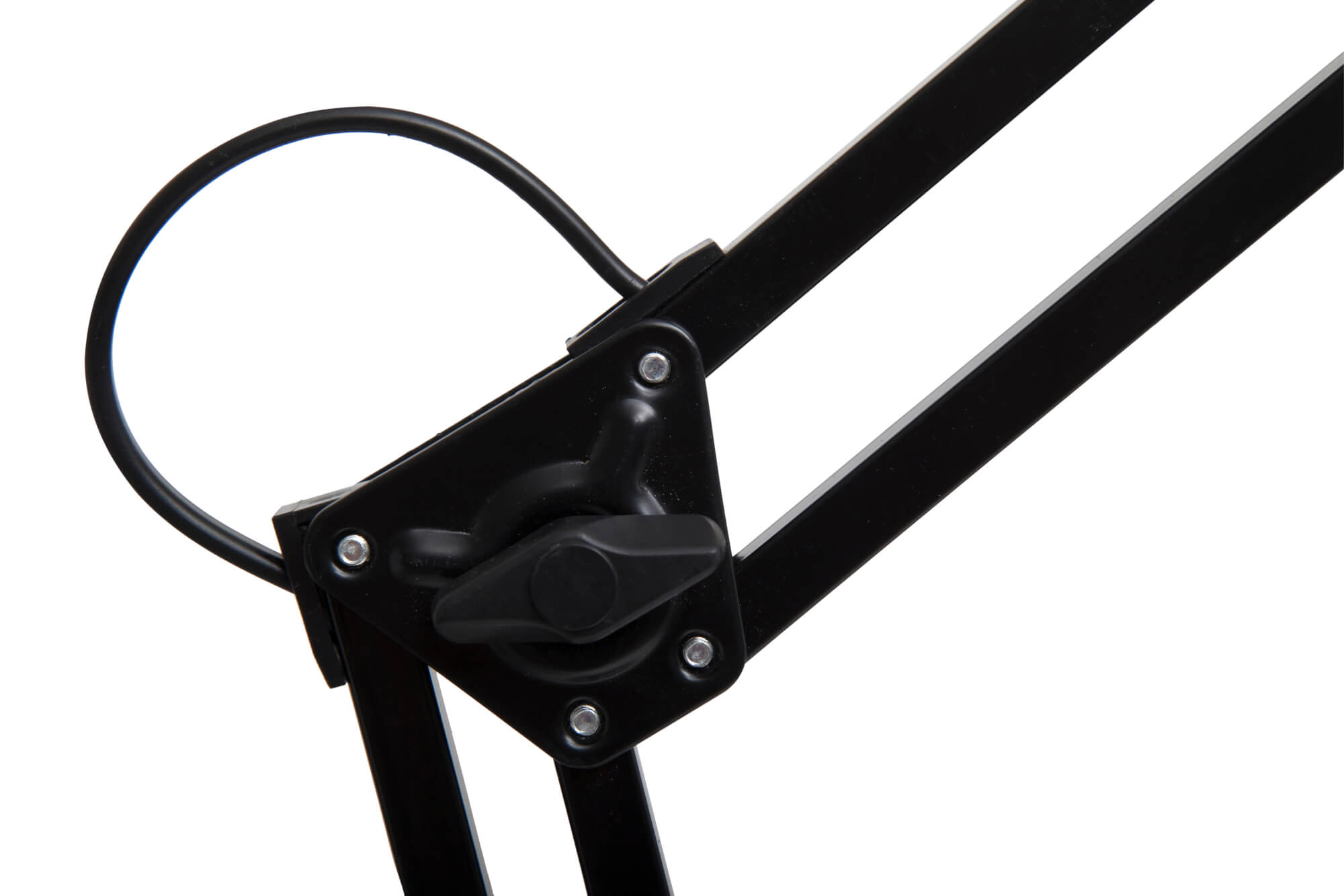 Schwarzer Metallarm mit Drehknopf und Schrauben. Der Arm ist wahrscheinlich Teil einer Lampe.