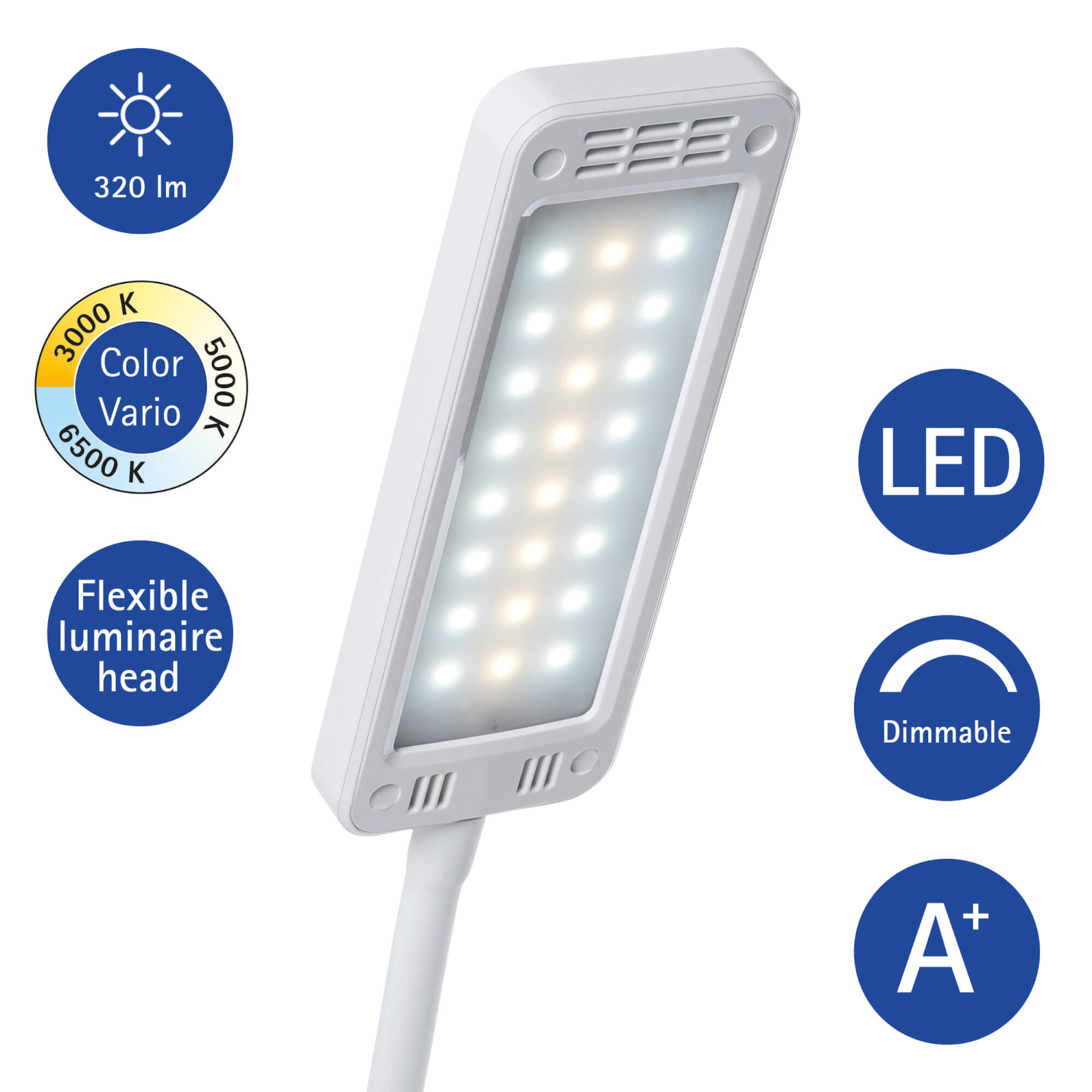 Lampada da scrivania a LED bianca. Le caratteristiche includono 320 lm, opzioni di temperatura colore e dimmerabile.