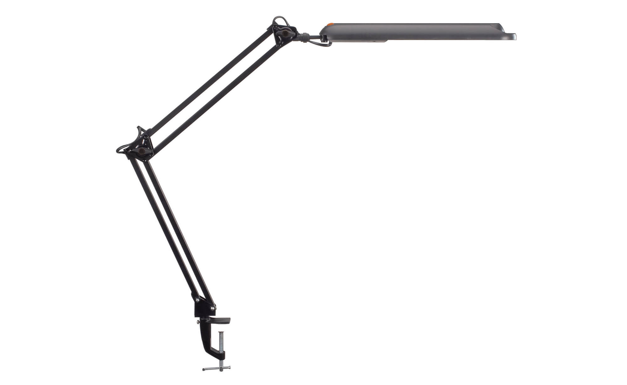 Schwarze, bewegliche Schreibtischlampe mit Klemmfuß. Sie hat einen langen, rechteckigen Leuchtenkopf und einen schwarzen Arm.