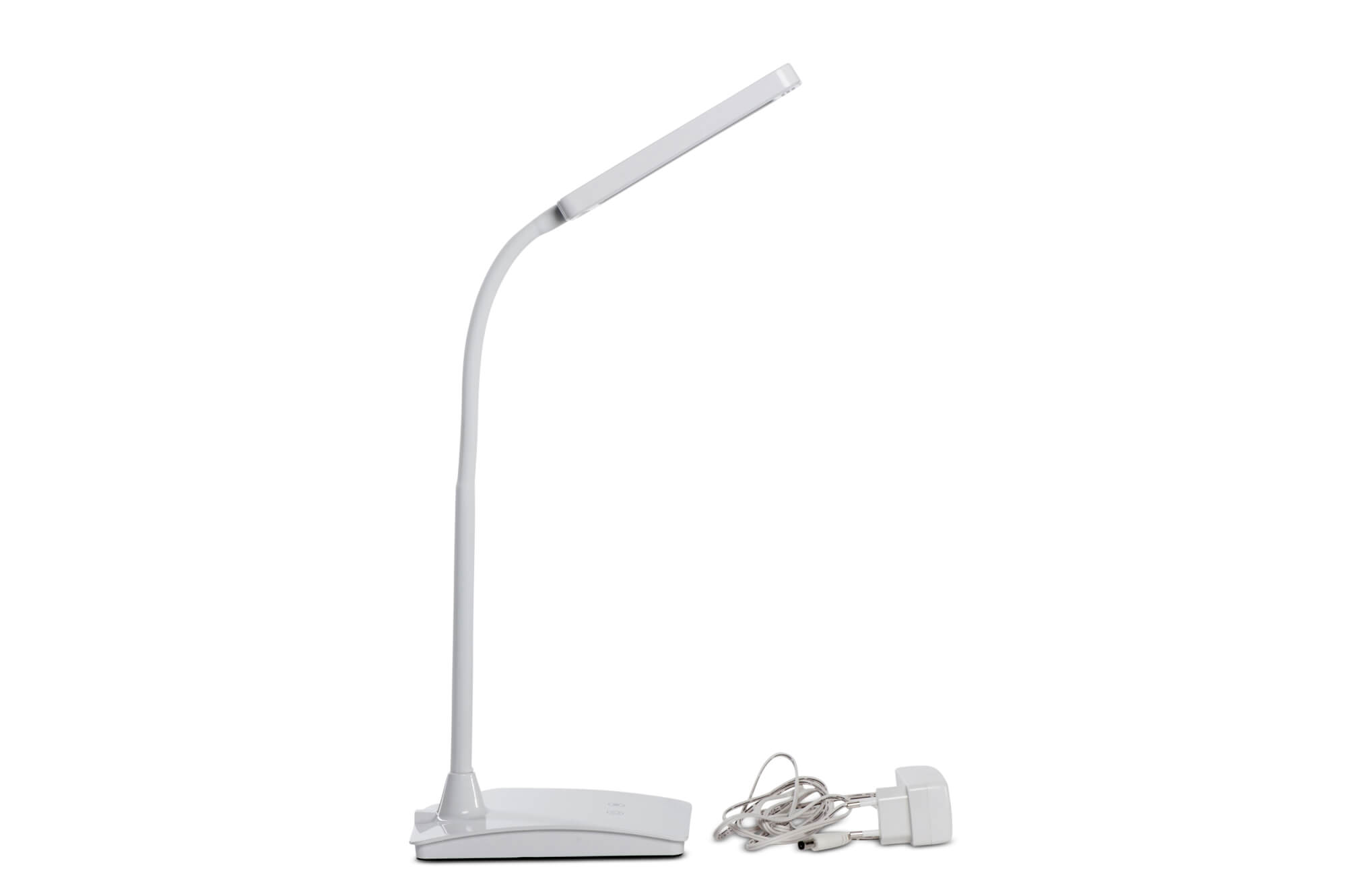 Lampada da scrivania bianca con collo flessibile e cavo di alimentazione.