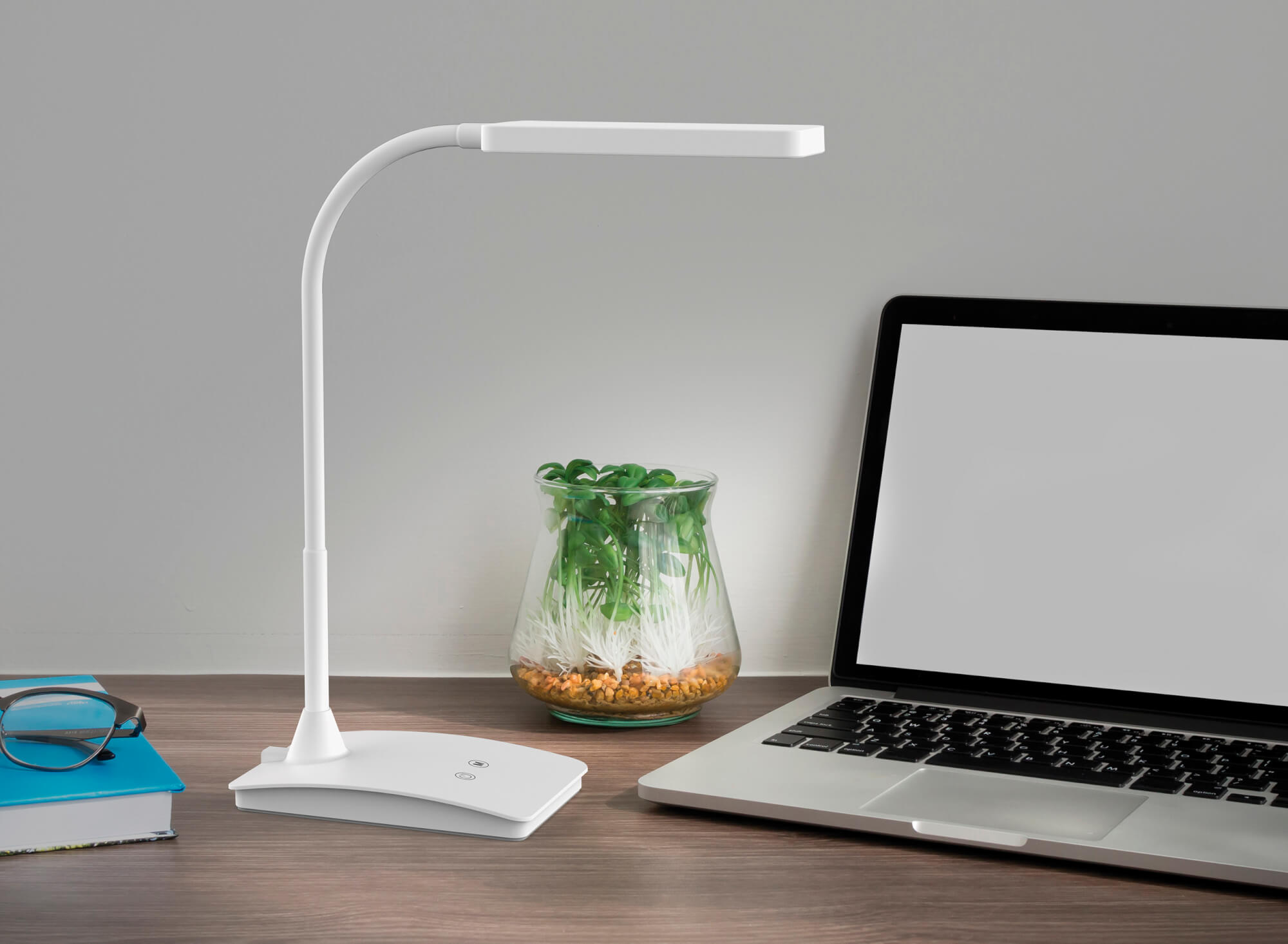 Una lampada da scrivania bianca con un braccio curvo, un laptop e una piccola pianta in un barattolo di vetro.