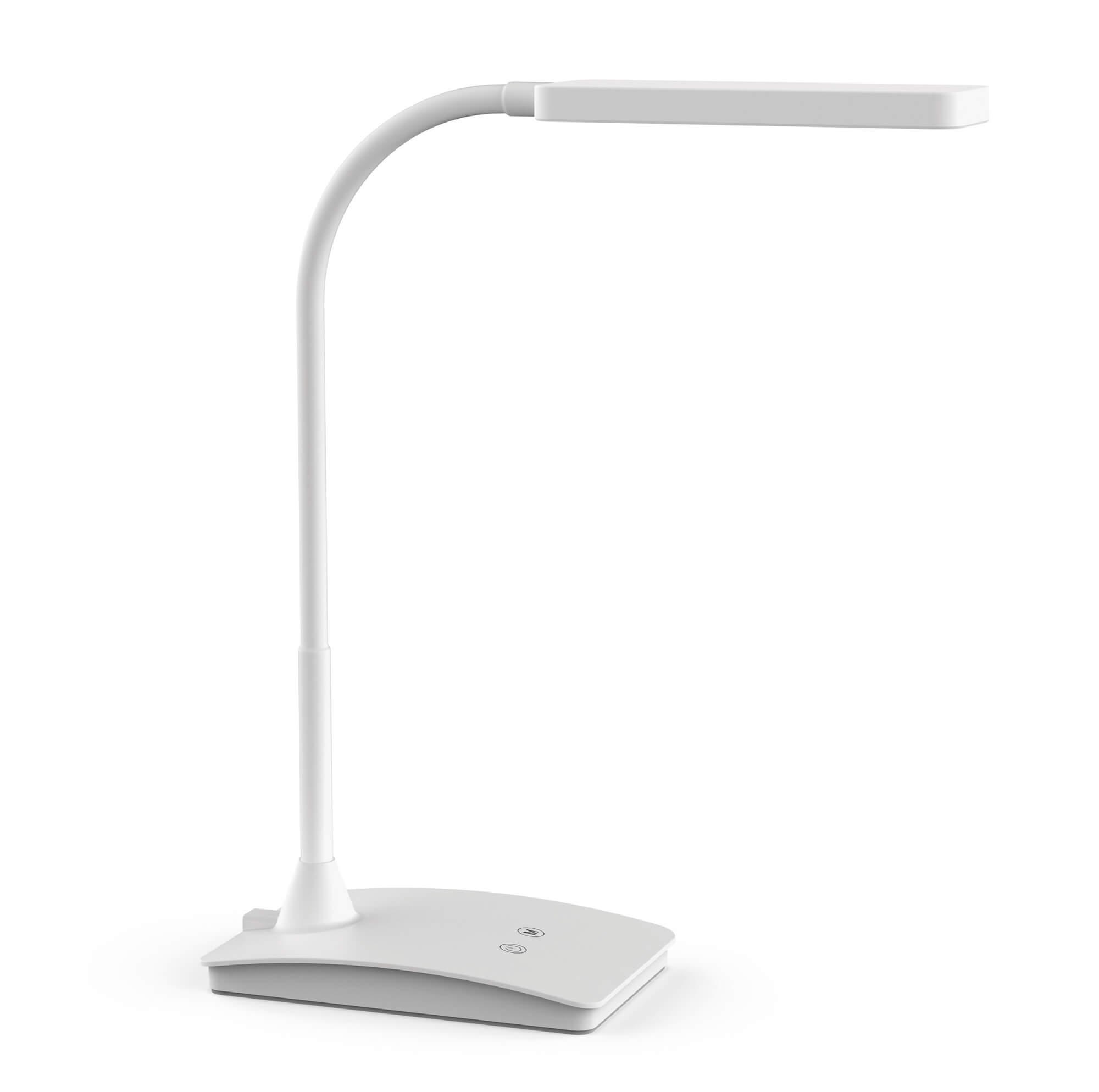 Lampada da scrivania bianca con collo curvo e base piatta su sfondo bianco.
