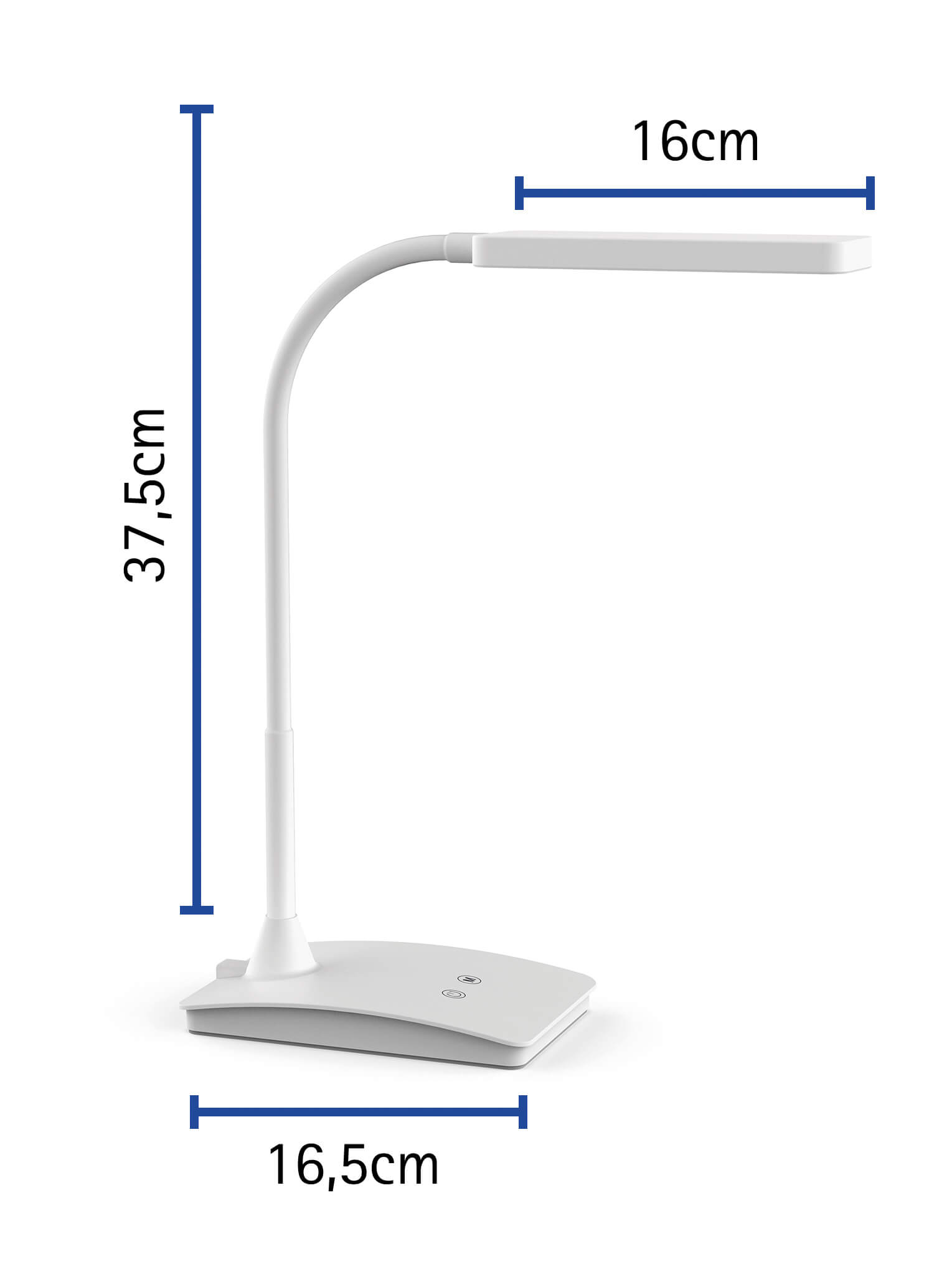 Lampada da scrivania bianca con misure: 37,5 cm di altezza, 16 cm di larghezza della lampada, 16,5 cm di larghezza della base.