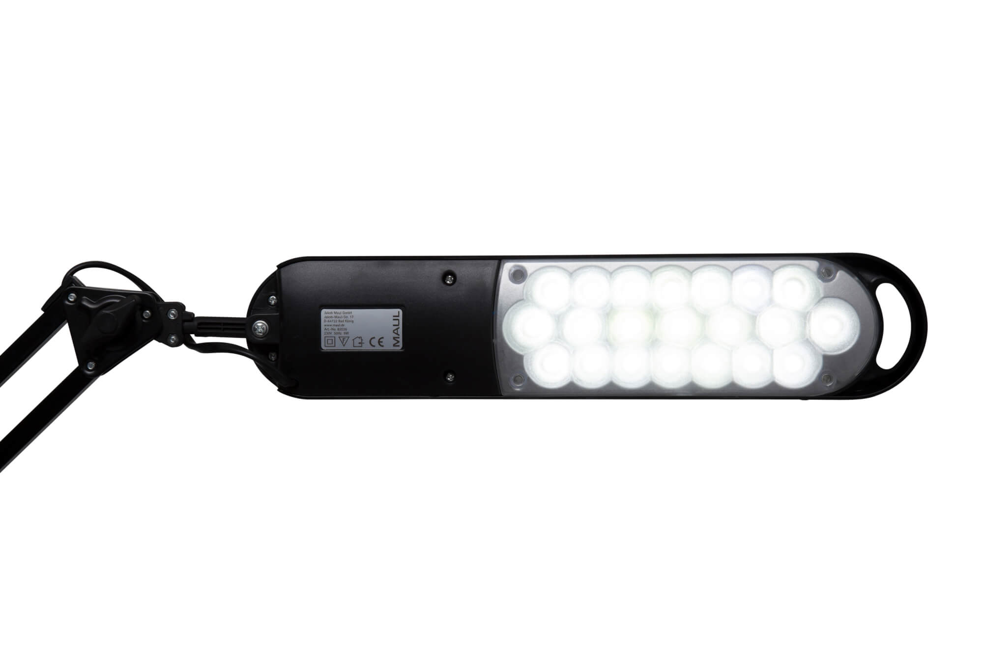 Eine schwarze LED-Schreibtischlampe mit verstellbarem Arm. Die Lampe strahlt helles, weißes Licht aus, isoliert auf weißem Hintergrund.
