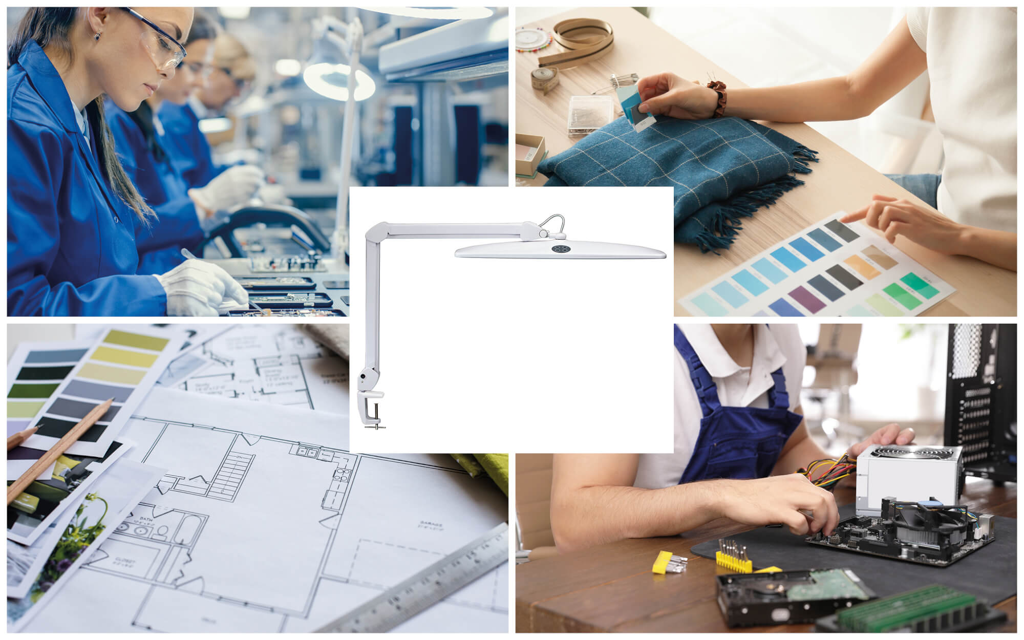 Kolaż obrazów przedstawia osoby pracujące z elektroniką, projektowaniem i produkcją.