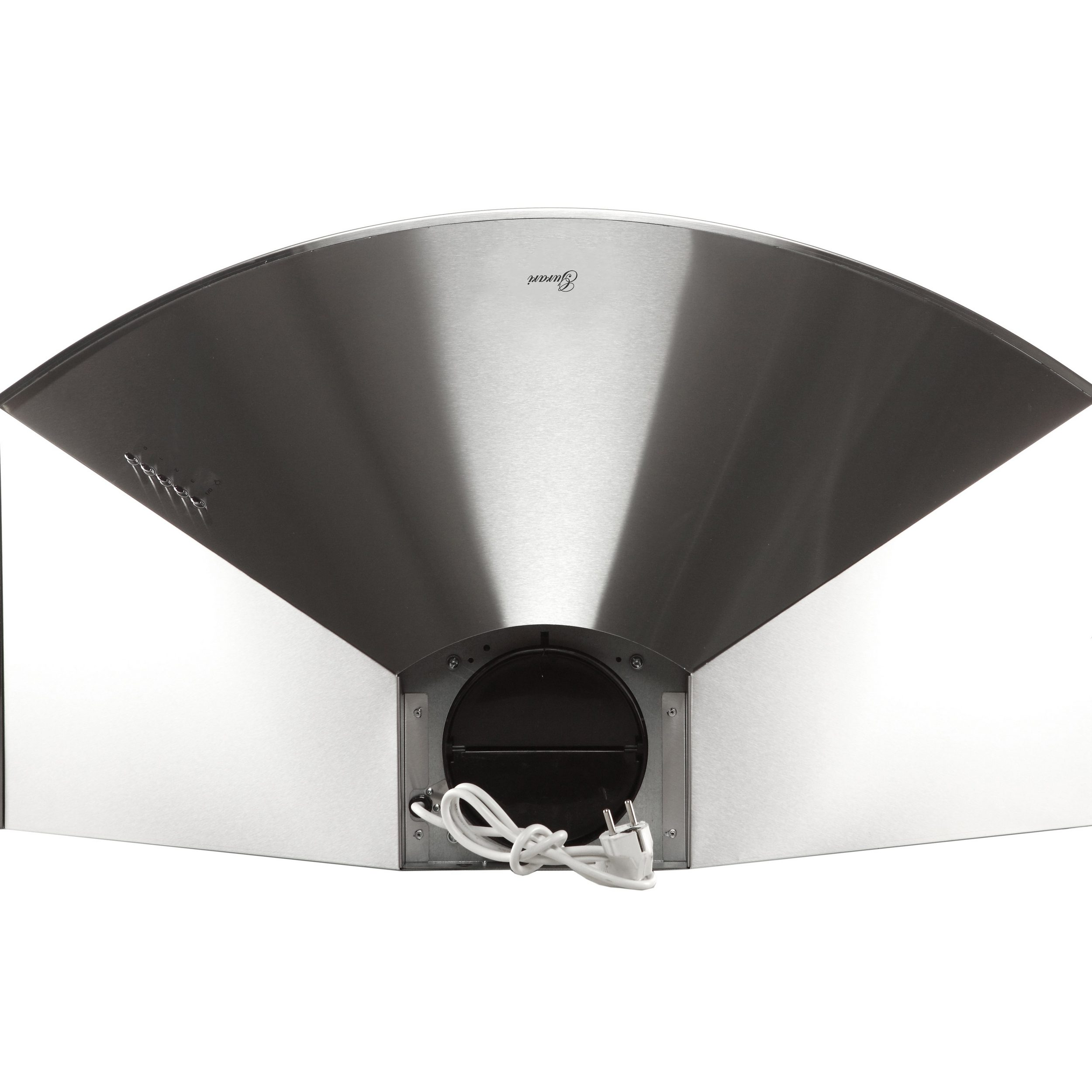 Una campana extractora de acero inoxidable con ventilación negra y cable blanco.