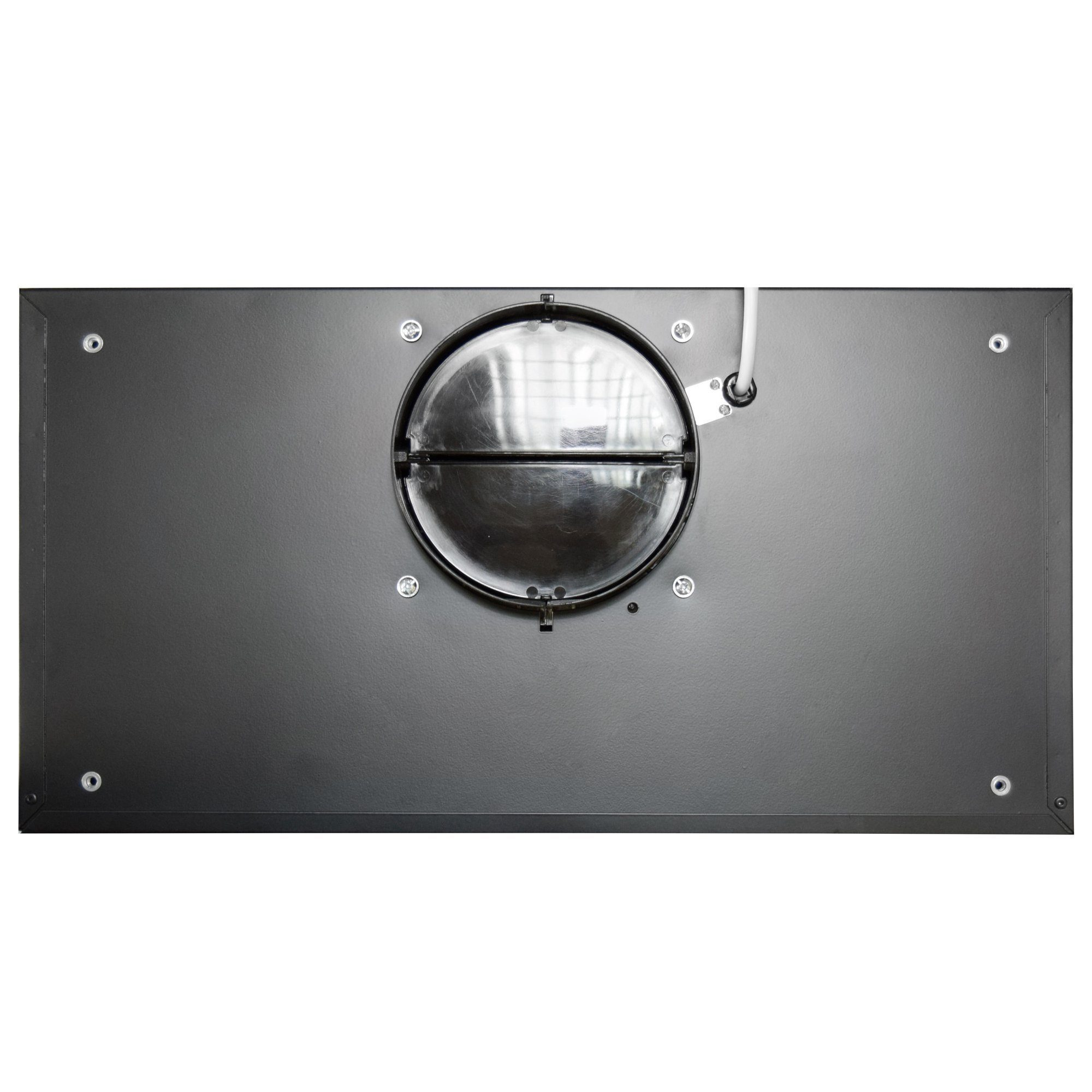 Parte inferior negra de campana de cocina con ventilación circular y tornillos.