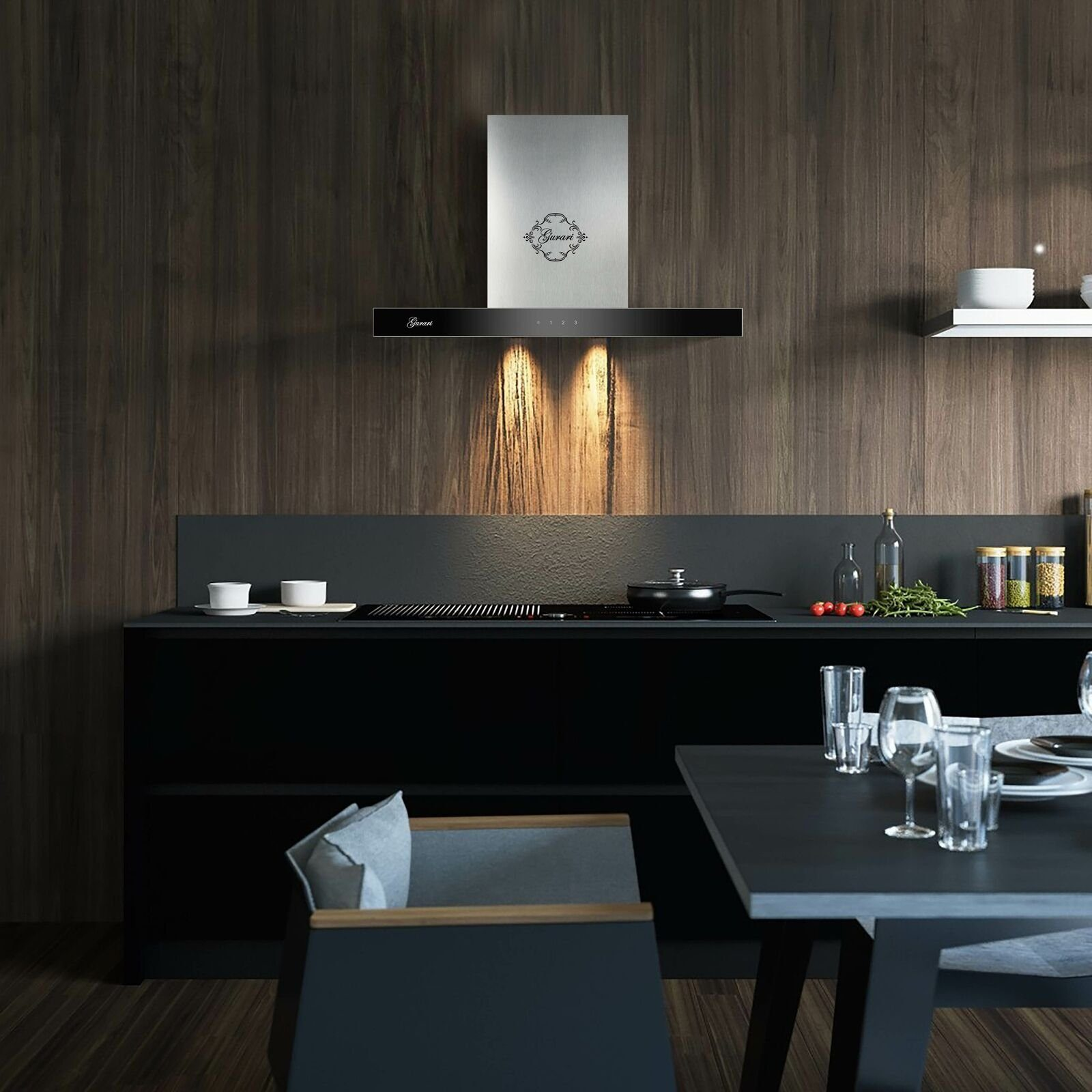 Moderne Küchenszene mit Edelstahl-Dunstabzugshaube und dunklen Holzschränken.