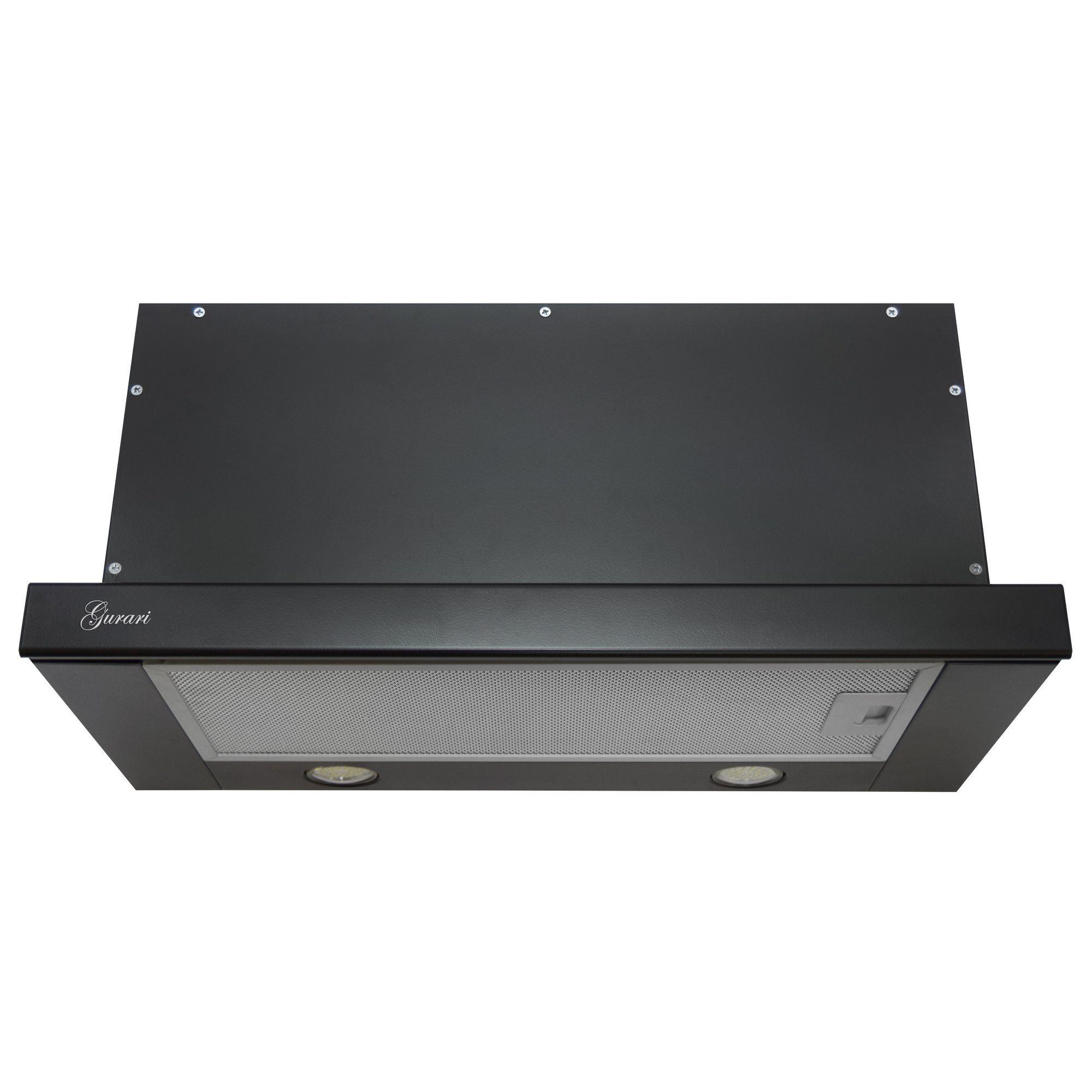 Campana extractora negra. Diseño rectangular con dos luces y el nombre de la marca Gurari.