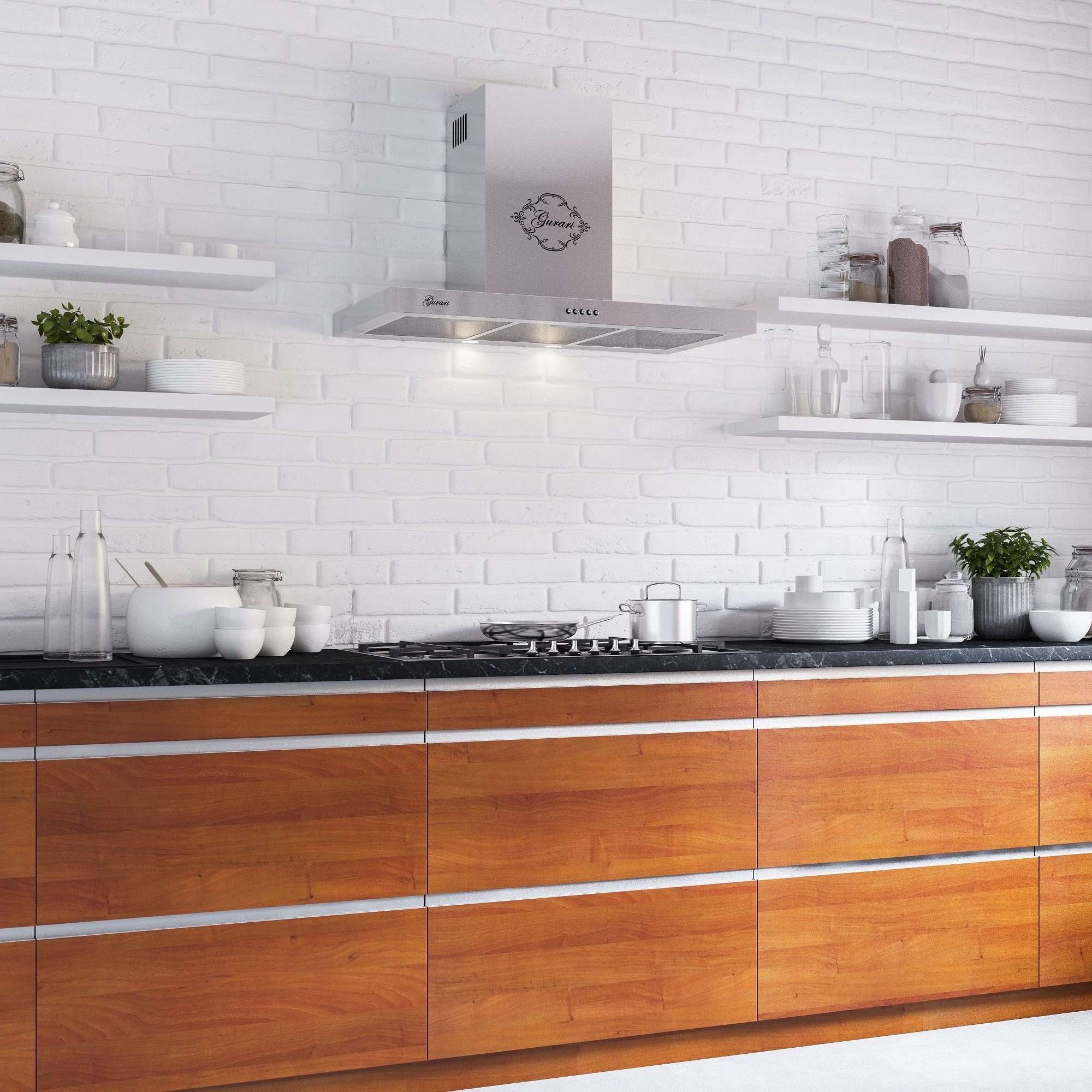 Cocina con campana extractora de acero inoxidable, pared de ladrillo blanco y gabinetes de madera.