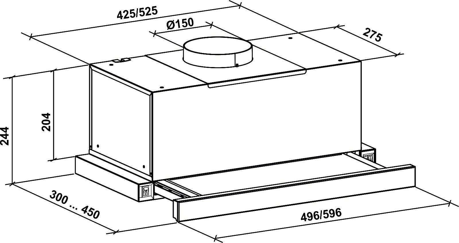 Diagrama de una campana extractora con dimensiones. El fondo es blanco.