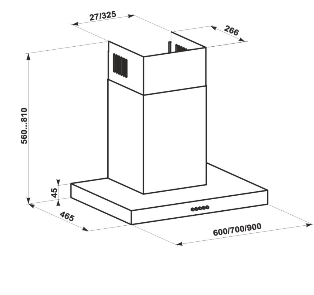 Un dibujo técnico de una campana extractora con dimensiones. Fondo blanco.