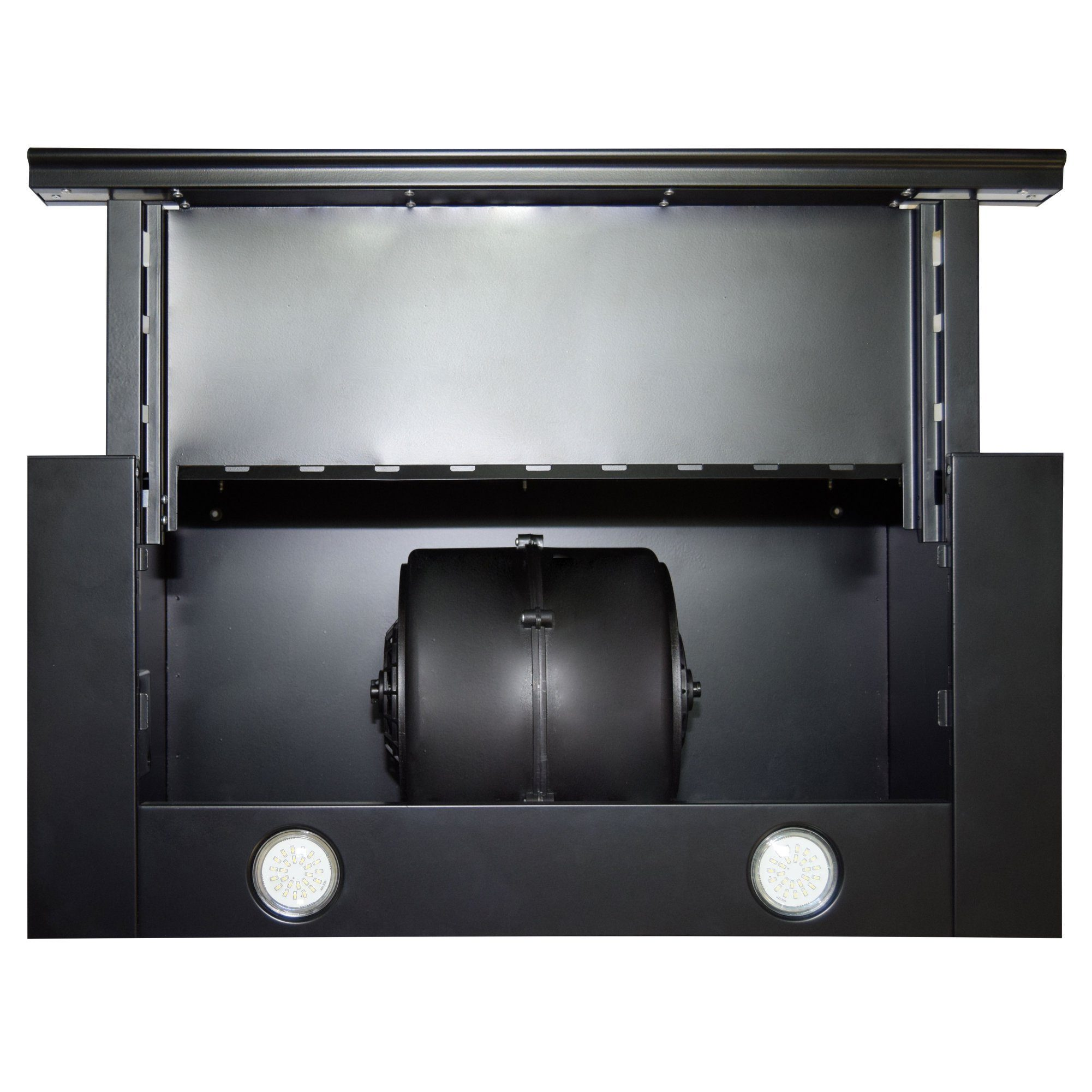 Vista interior de una campana extractora negra. Tiene un ventilador, luces y un diseño elegante, sobre fondo blanco.