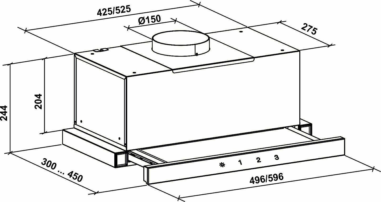 Dibujo técnico de una campana extractora con dimensiones, mostrando vistas lateral y superior.