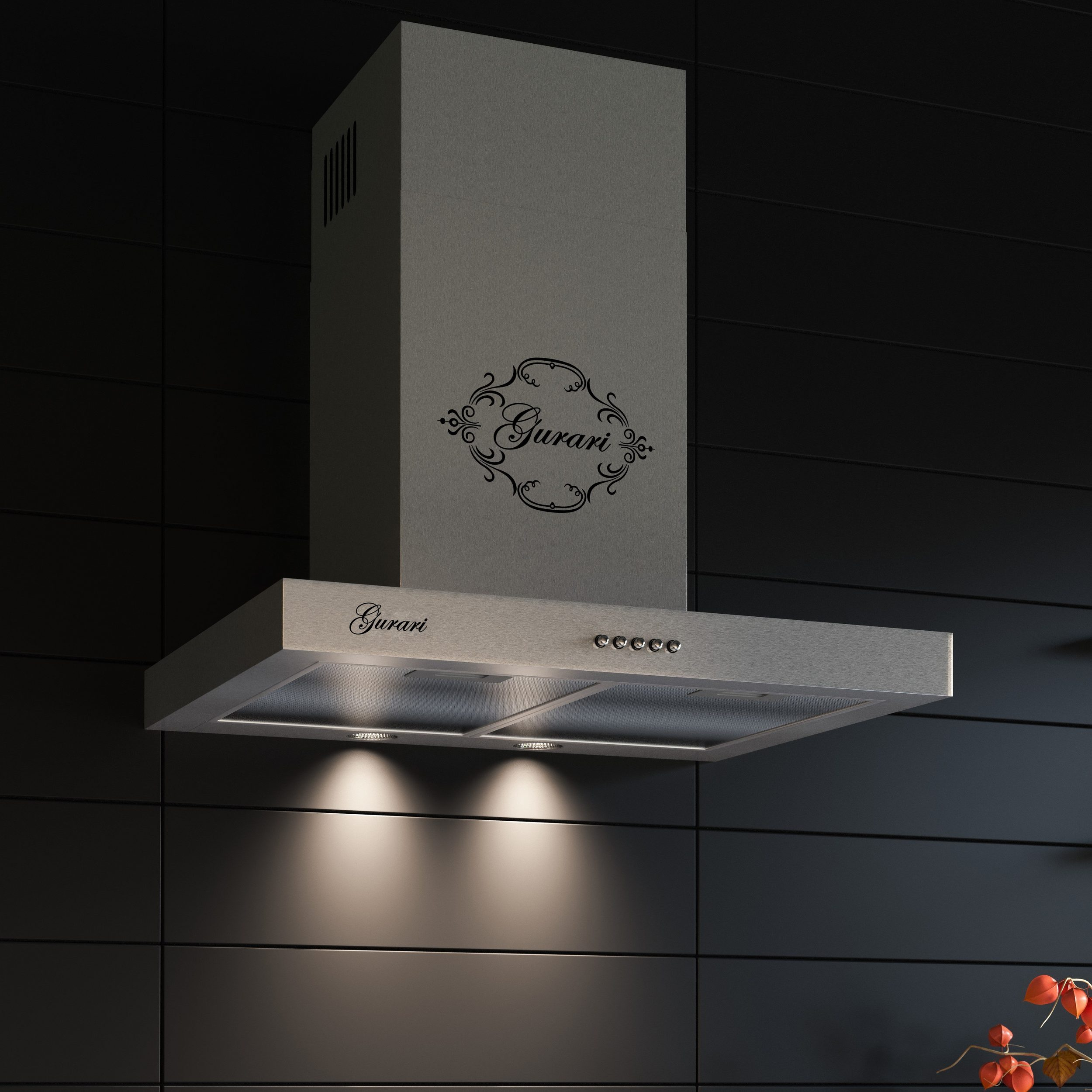 Eine Dunstabzugshaube aus Edelstahl mit Lichtern und dem Gurari-Logo.