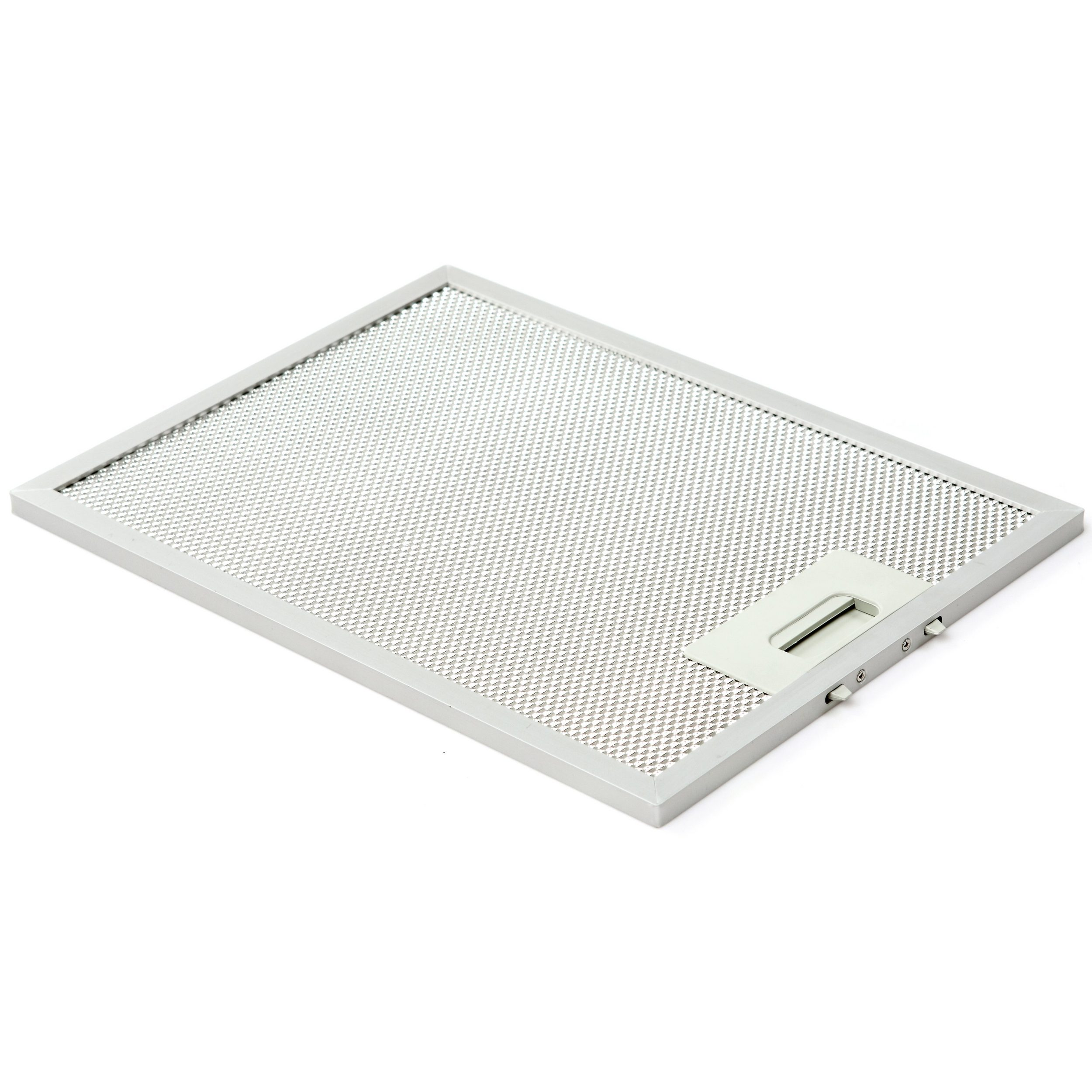 Filtro de malla rectangular con asa y marco gris claro, aislado en blanco.