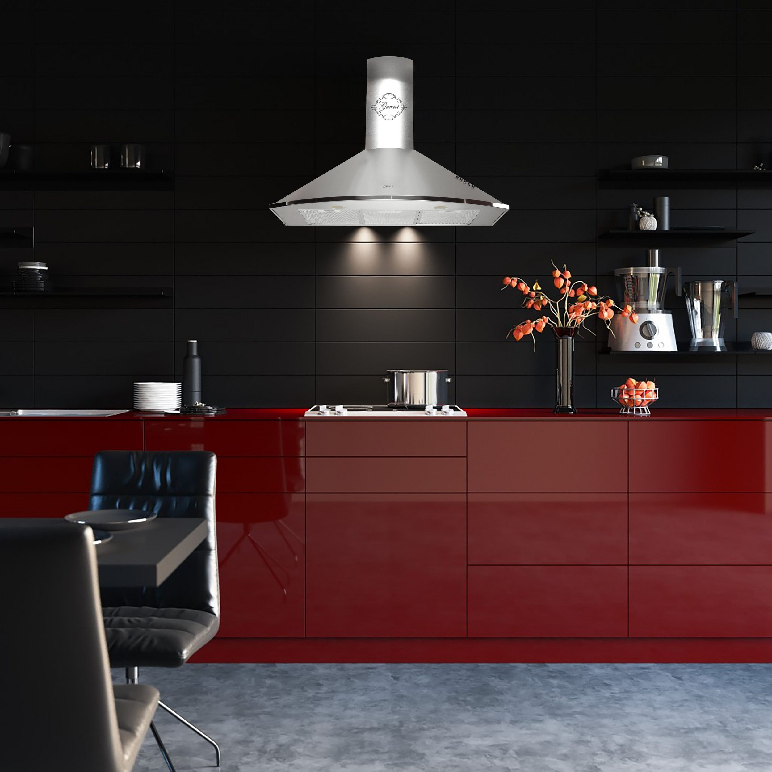 Una cocina moderna con gabinetes rojos, pared de azulejos negros y una campana extractora de acero inoxidable.