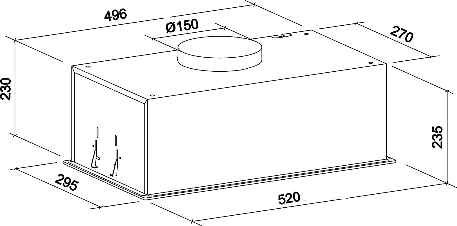 Eine technische Zeichnung einer Dunstabzugshaube mit Abmessungen und Maßen. Zeigt ein rechteckiges Design.