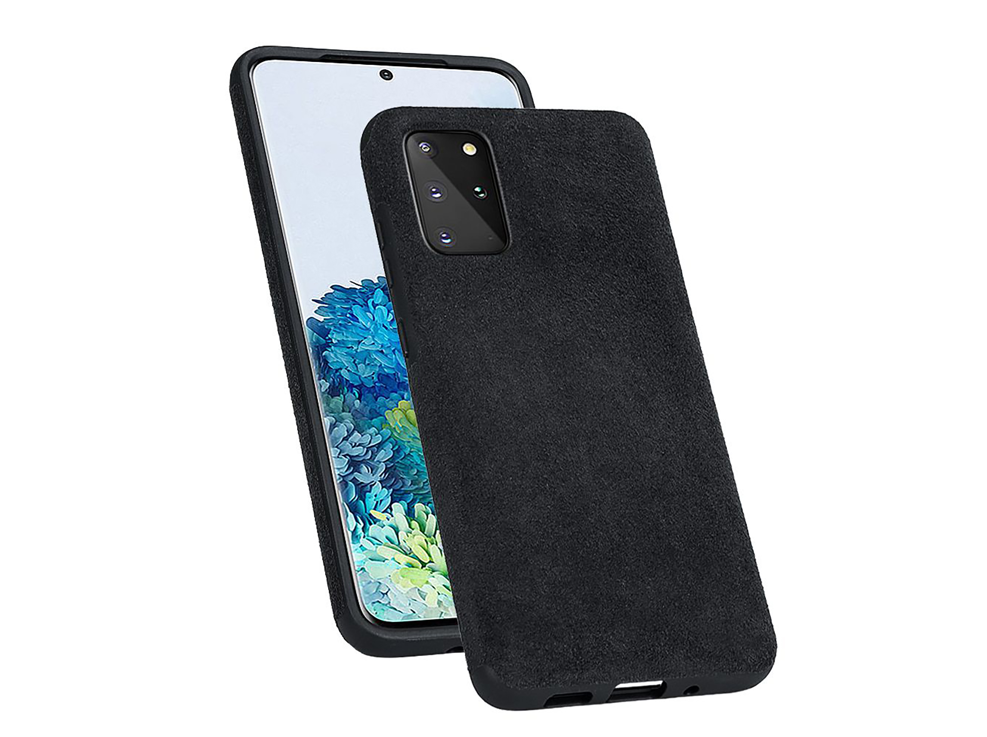 Schwarzes Telefon mit schwarzer Hülle. Das Telefon ist von der Kamera abgewandt.