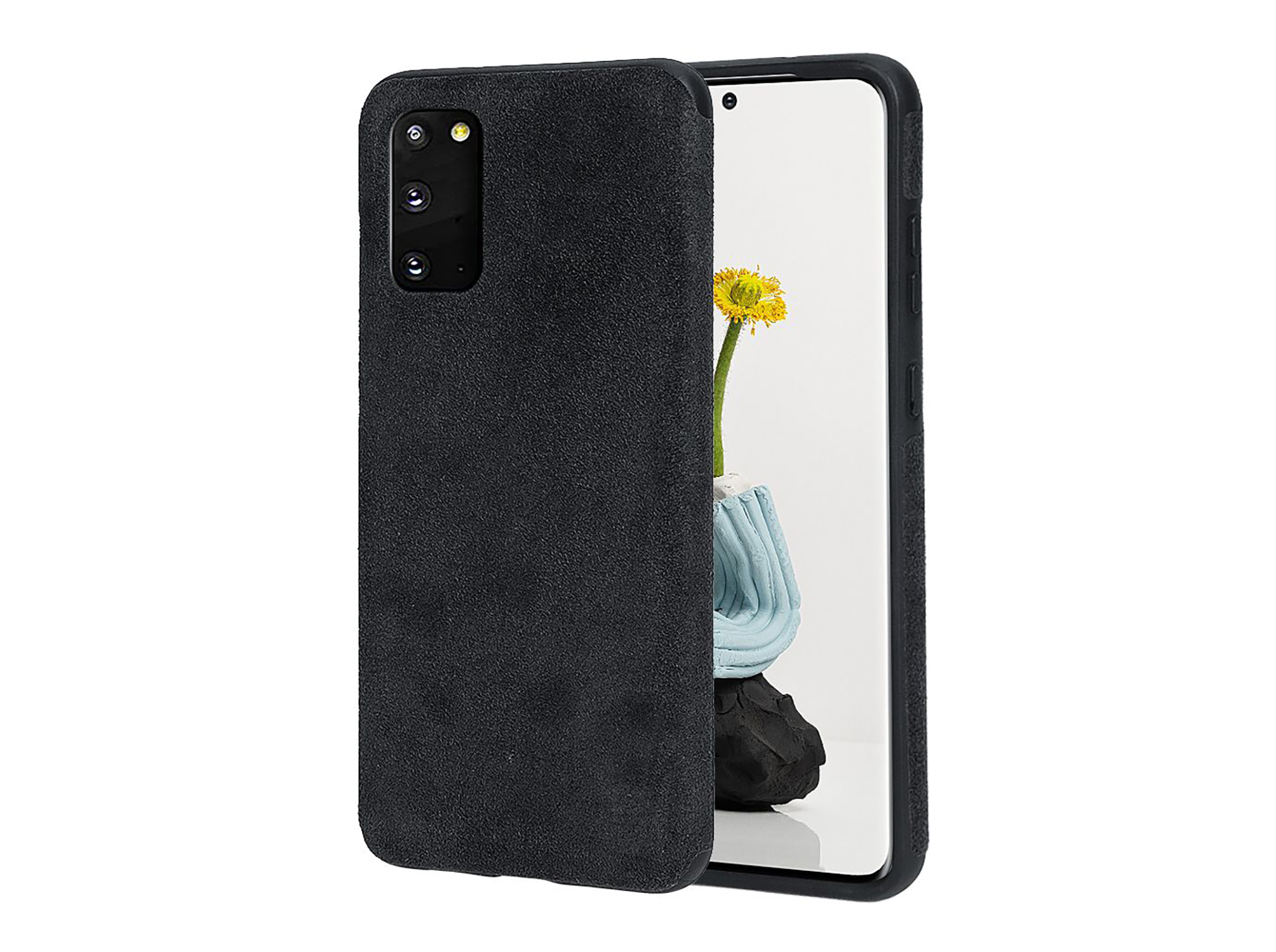 Eine schwarze Handyhülle auf einer weißen Oberfläche. Das Telefon ist schwarz und hat eine Kamera.