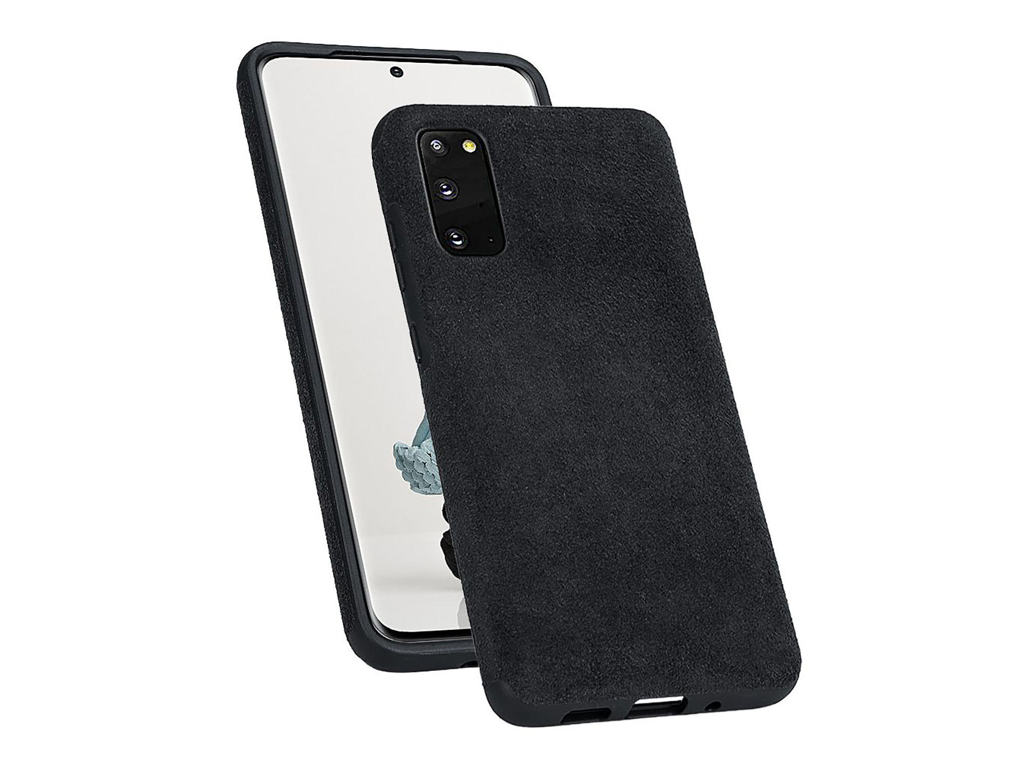 Schwarze Handyhülle mit strukturierter Oberfläche. Das Telefon befindet sich leicht angewinkelt auf einer weißen Oberfläche.