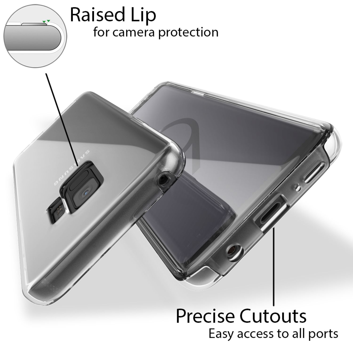 Zwei transparente Handyhüllen. Eine Hülle ist auf einem Telefon. Die andere liegt daneben. Erhöhter Rand für die Kamera.