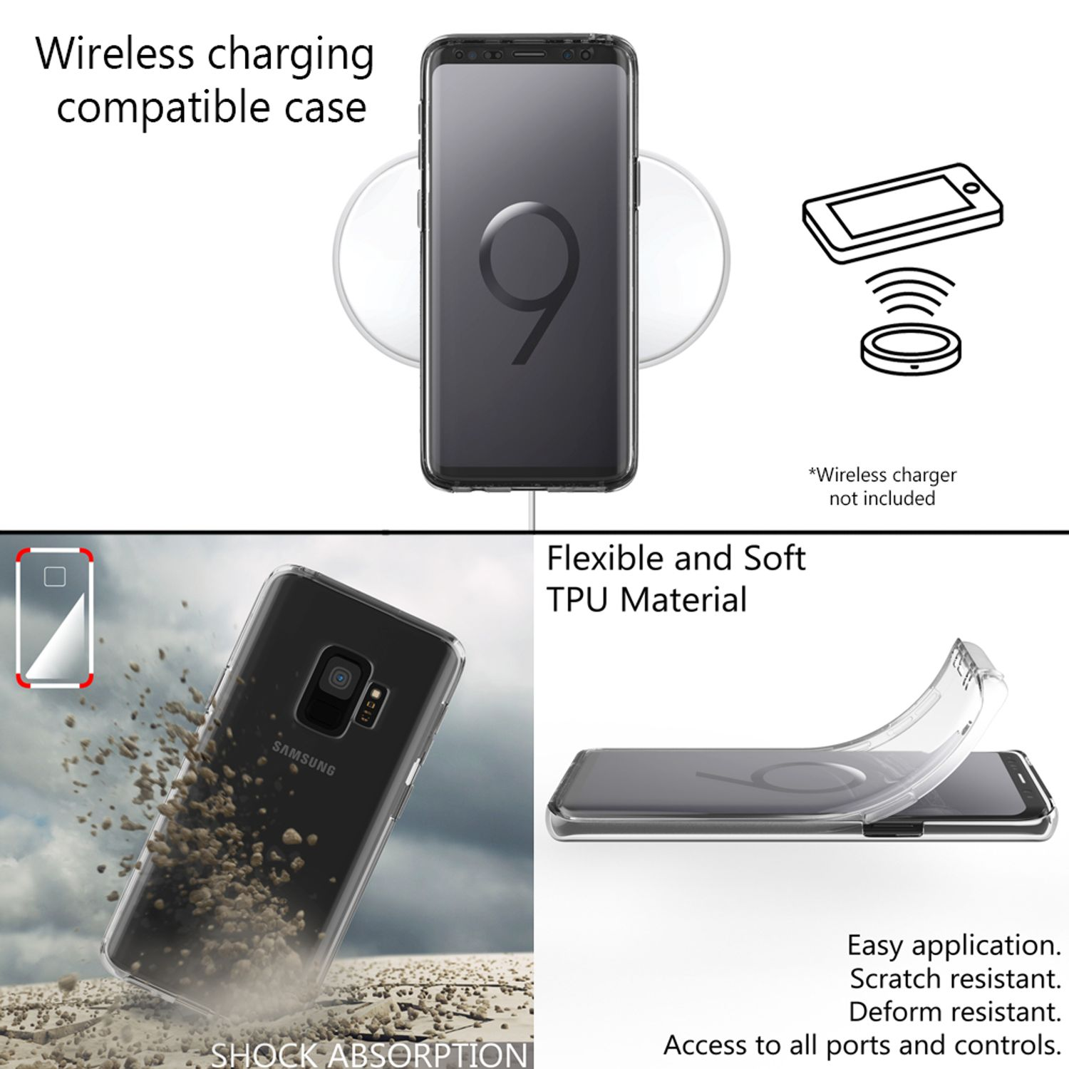 Transparente Handyhülle über Telefon, kabelloses Ladegerät und Hülle. Text: Wireless charging compatible case.