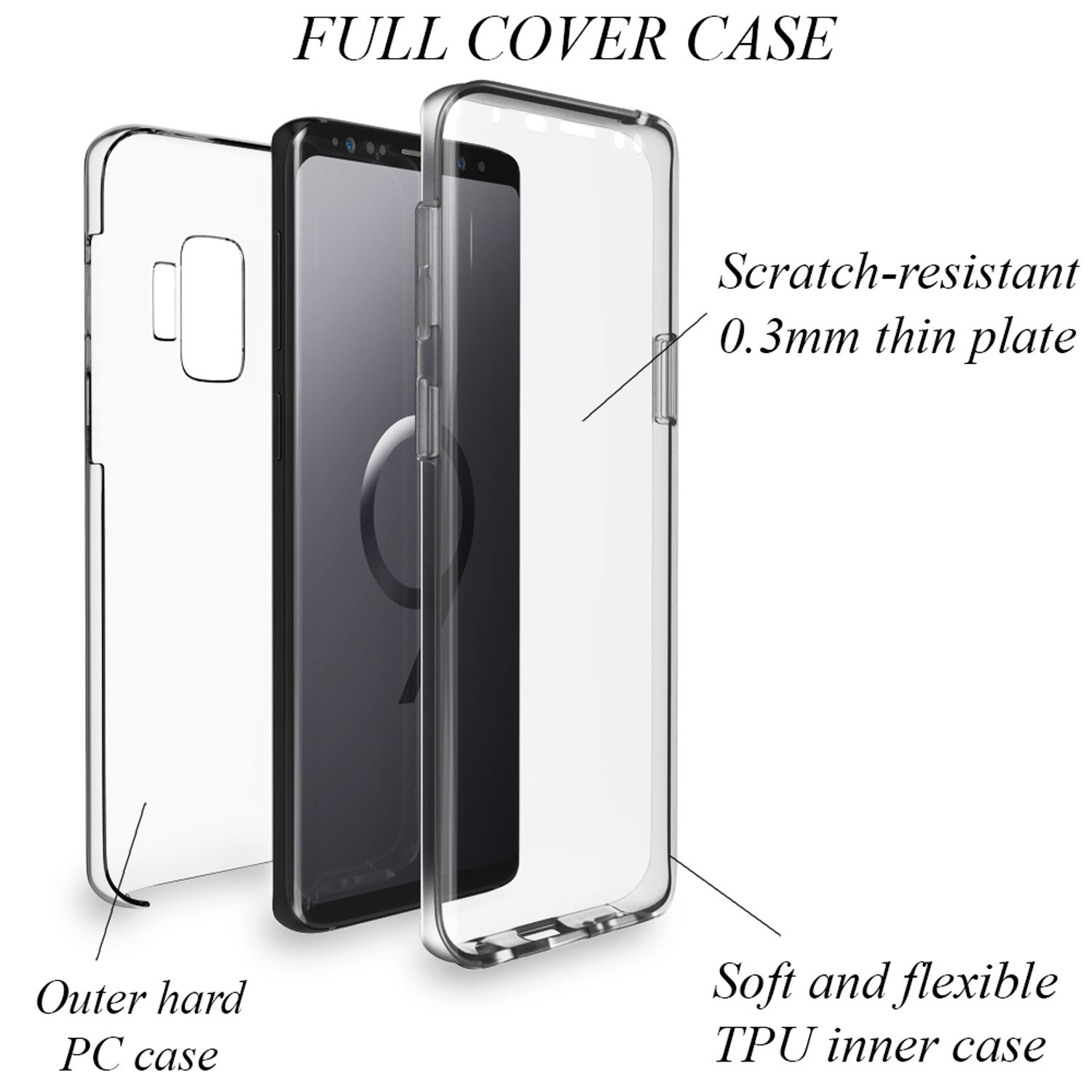 Ein Telefon in durchsichtigen Gehäusekomponenten, mit Beschriftungen. Das Gehäuse besteht aus PC und TPU.