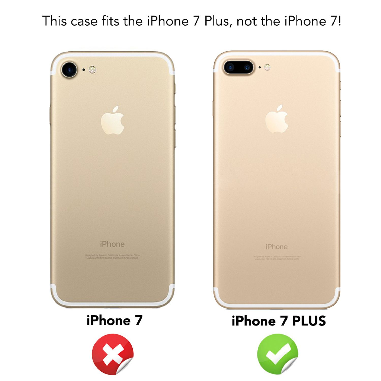 Goldene iPhones nebeneinander, eines mit Haken, eines mit X. Text: iPhone 7 & iPhone 7 Plus.