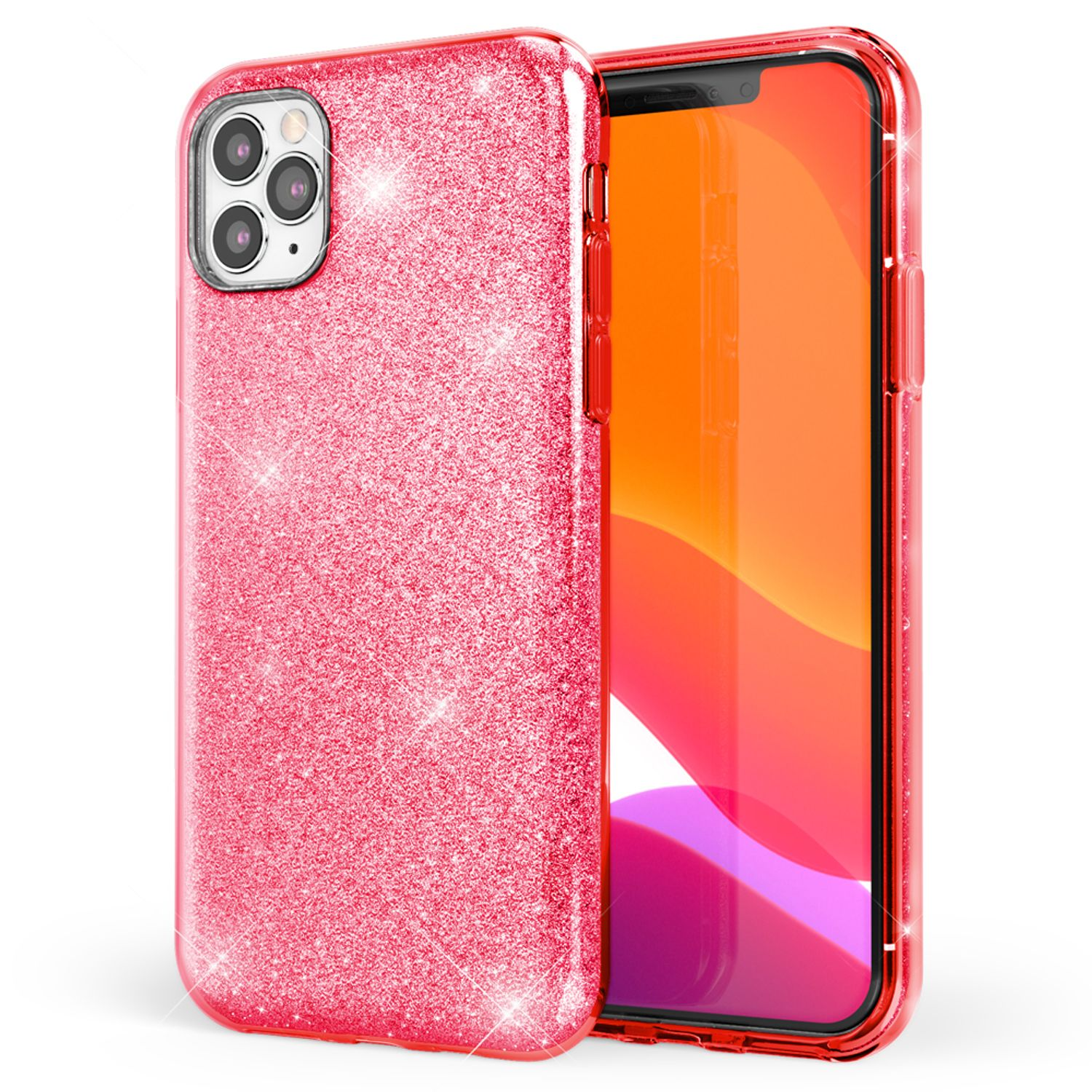 Funda de teléfono rosa con purpurina con un teléfono rojo dentro. La funda tiene recortes para la cámara y botones laterales.