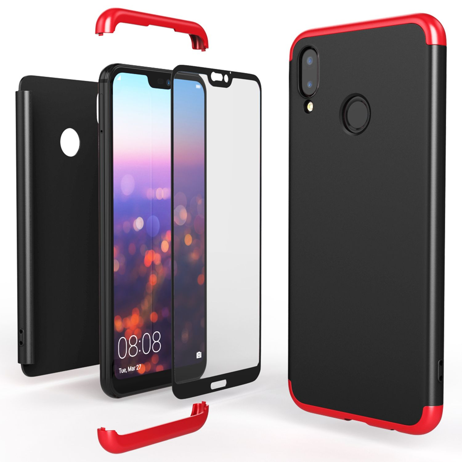 Schwarze Handyhülle mit roter Zierleiste, Telefon und Displayschutzfolie, Teile getrennt.