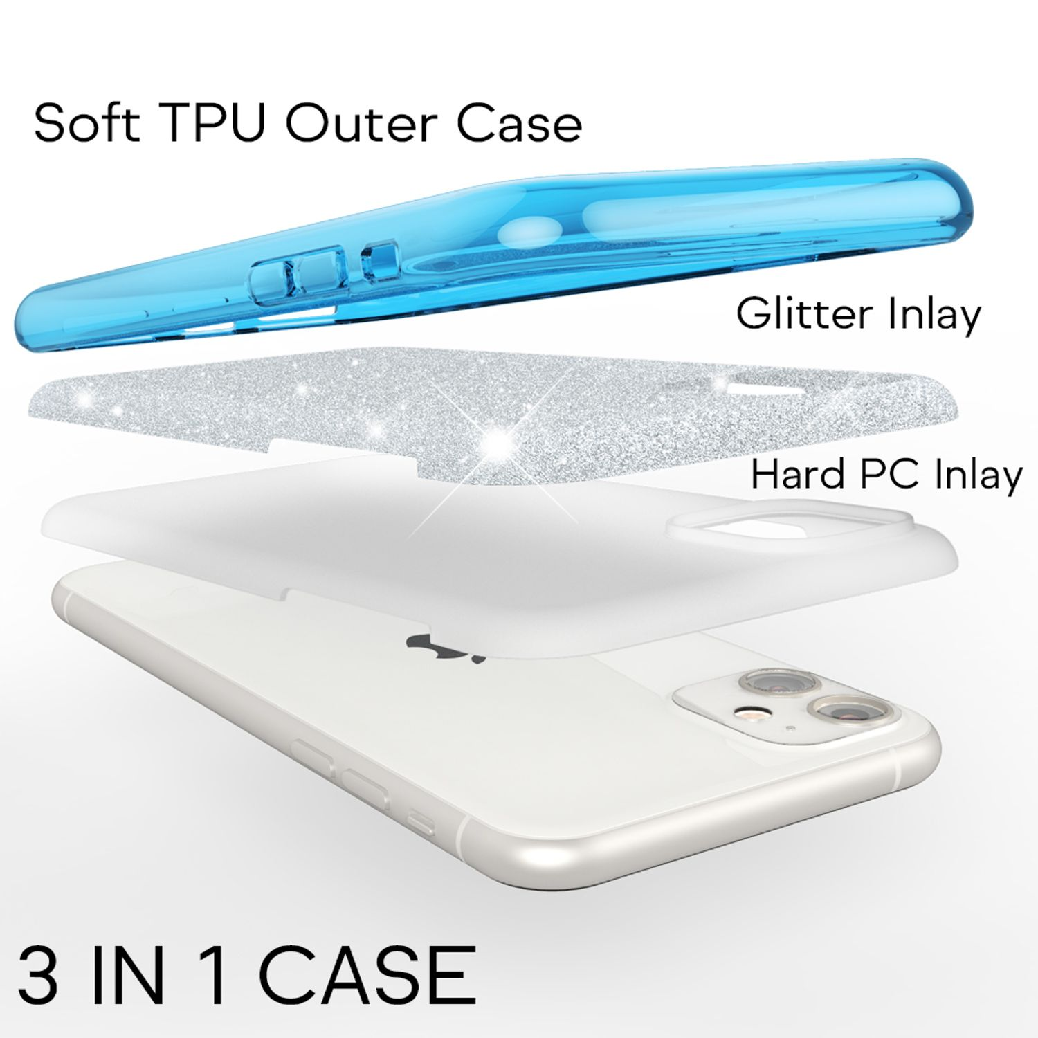 Funda de teléfono de tres capas. Cubierta exterior de TPU azul, incrustación de purpurina plateada e incrustación de PC rígida.