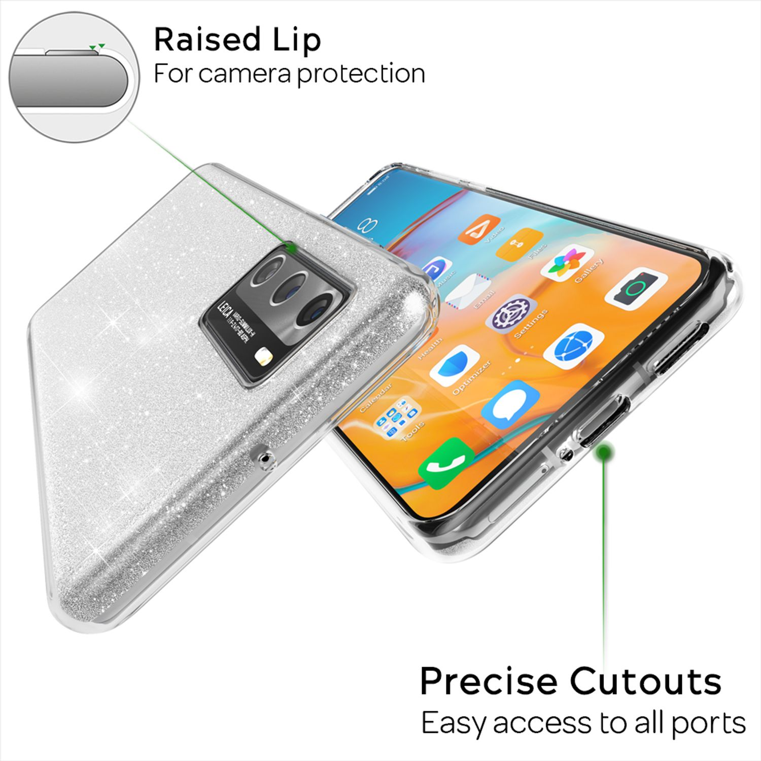 Custodia per telefono con glitter accanto a un telefono con display. Testo: Ritagli precisi, per un facile accesso.