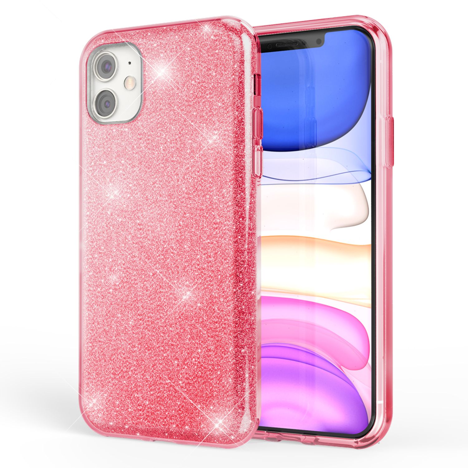 Funda rosa con purpurina y un teléfono con pantalla, primer plano.