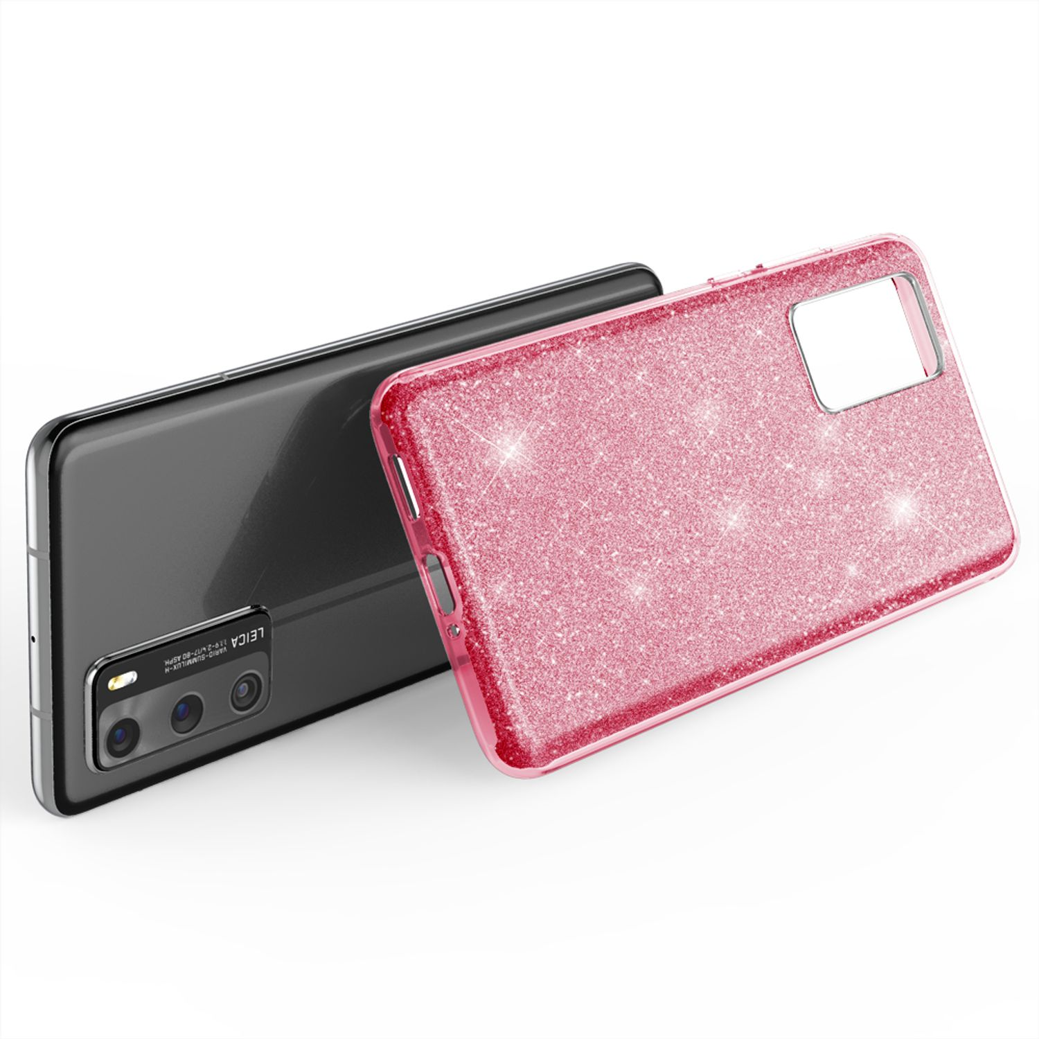 Eine Handyhülle mit rosa Glitzer und einem Telefon. Das Telefon hat eine schwarze Rückseite und eine Kamera.