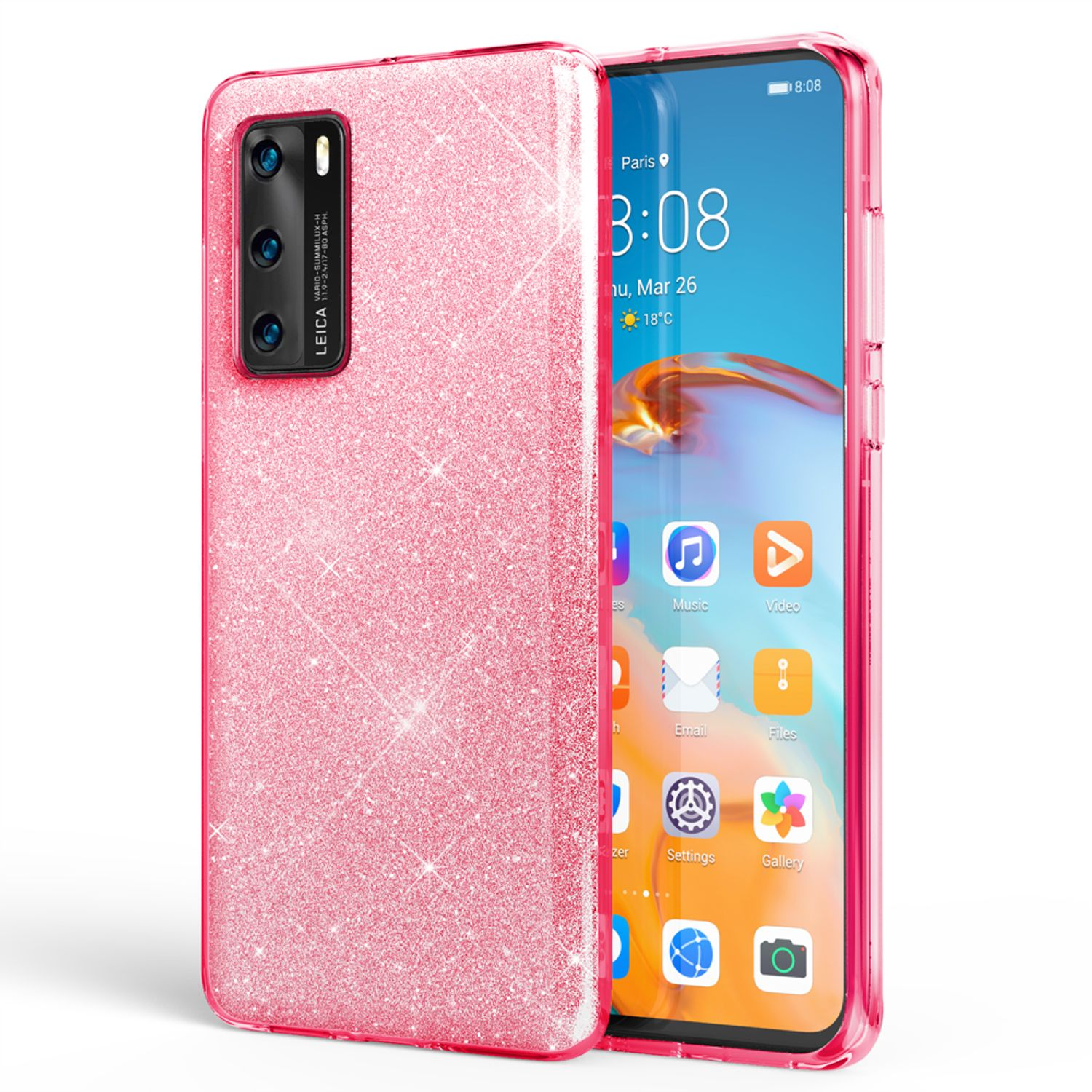 Custodia rosa glitterata con telefono. Il telefono mostra la schermata iniziale con icone e ora.